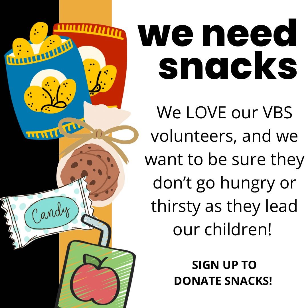 Vacation Bible School takes so many amazing volunteers!  If you would like to support our crew, please bring your snacks to Hedrick Hall kitchen starting Sunday the 19th or by 9 am the day you select. You can sign up here: https://www.signupgenius.co