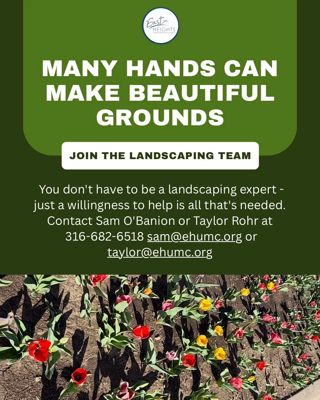 We&rsquo;re looking for volunteers to help with weekly watering, weeding, &amp; basic landscaping around the church.

No experience needed&mdash;just a willingness to help! We&rsquo;ll create a rotating team so the work is shared. 

Interested? Conta