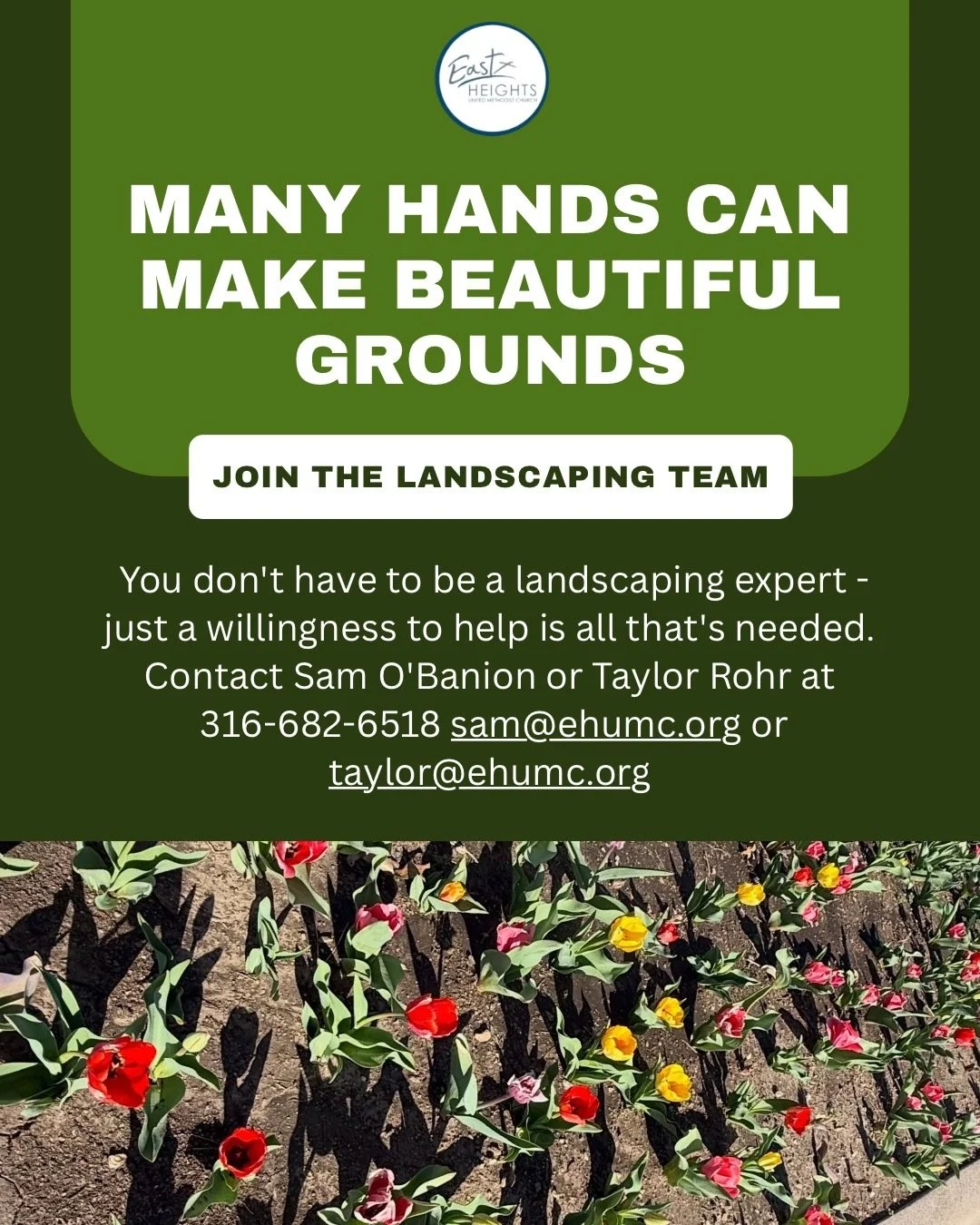 We&rsquo;re looking for volunteers to help with weekly watering, weeding, &amp; basic landscaping around the church.

No experience needed&mdash;just a willingness to help! We&rsquo;ll create a rotating team so the work is shared. 

Interested? Conta