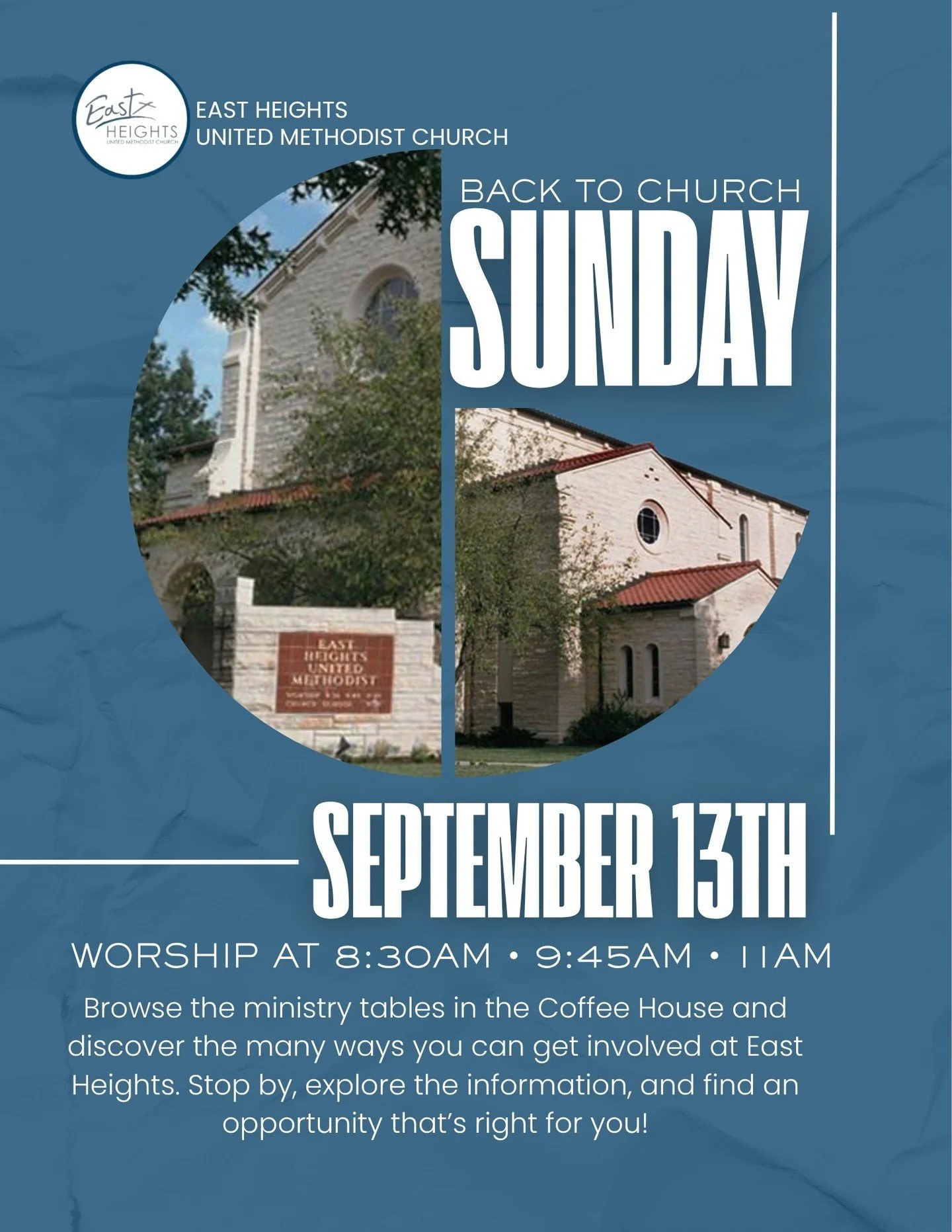 Back-to-Church Sunday!
Start the fall season with your church family! Join us for worship at:

⛪ 8:30 AM &mdash; Chapel
⛪ 9:45 AM &mdash; Hedrick Hall
⛪ 11:00 AM &mdash; Sanctuary

Come worship, pray, and step into a new season together. 

Mark your 