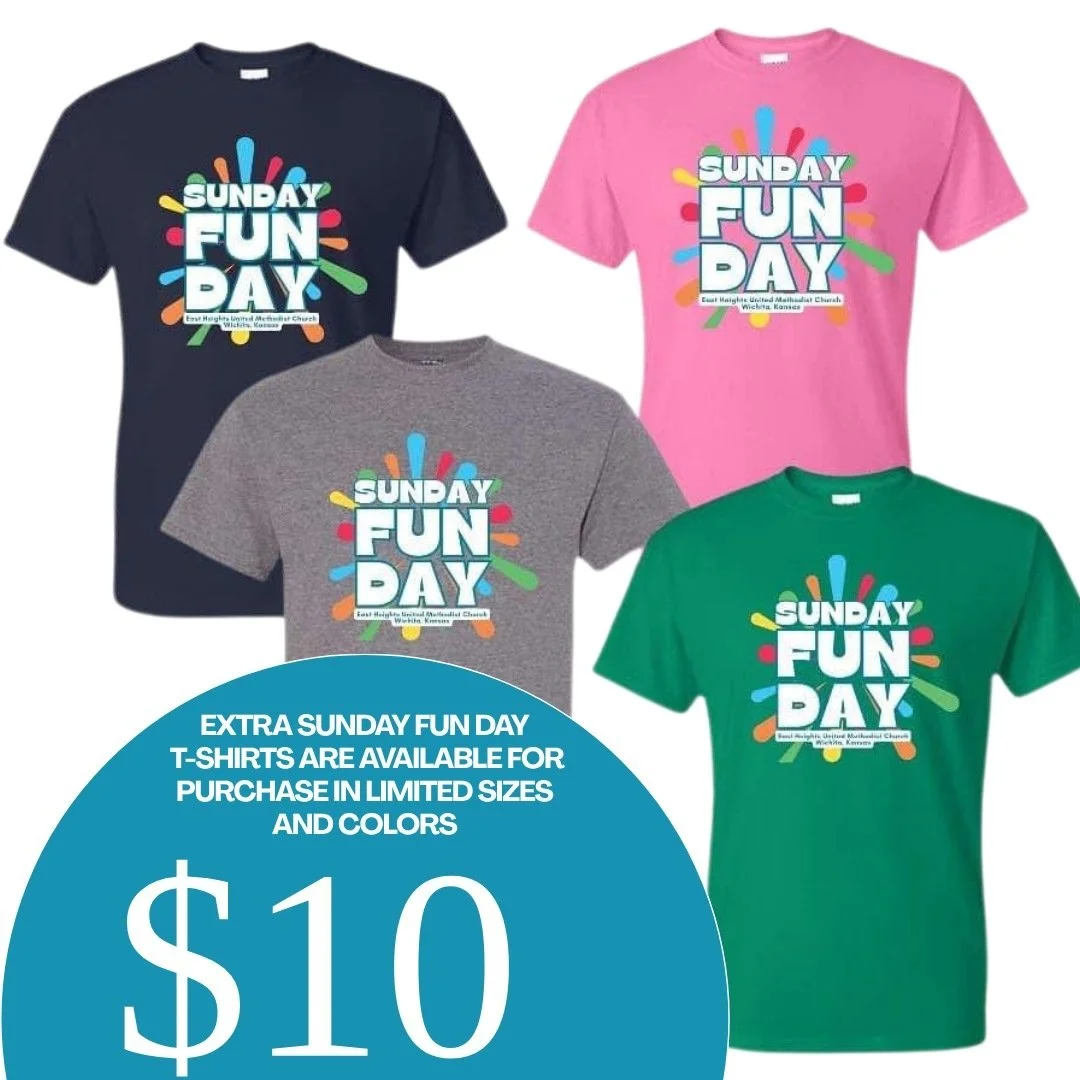 We have a limited selection of Sunday Fun Day t-shirts for sale in the Coffee House this Sunday or in the office during the week. Cost - $10 each.