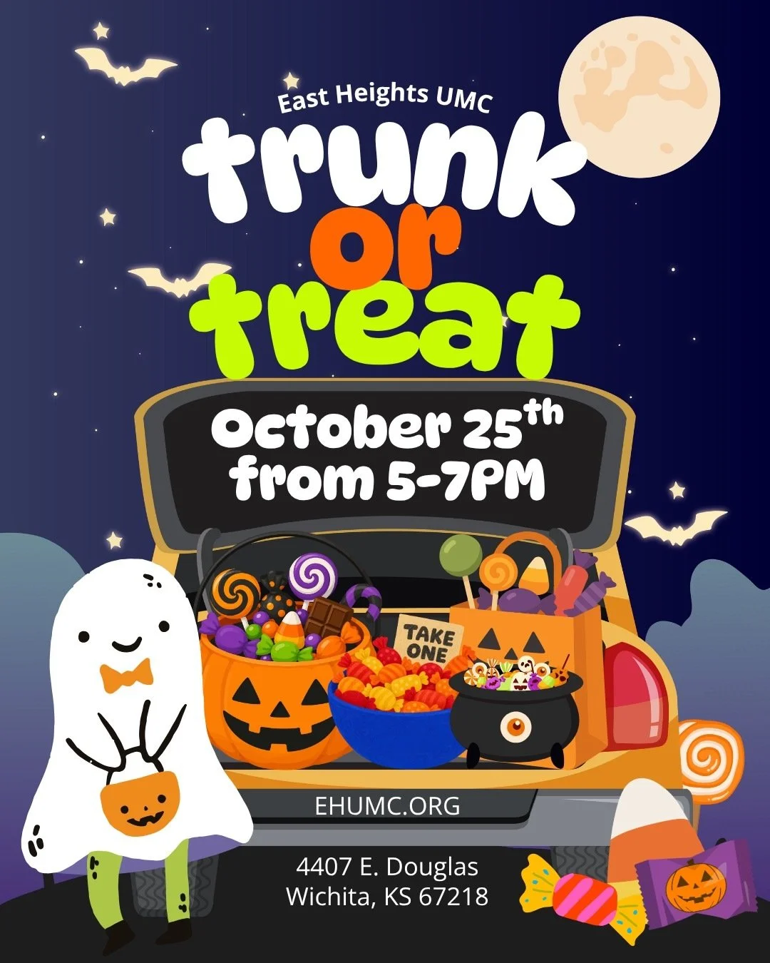 We need Candy and Volunteers for Trunk or Treat! If you would like to help us make sure we have enough candy for all the kiddos that will be at Trunk or Treat, you can bring candy donations to the Candy Monster in the Coffee House. If you would like 