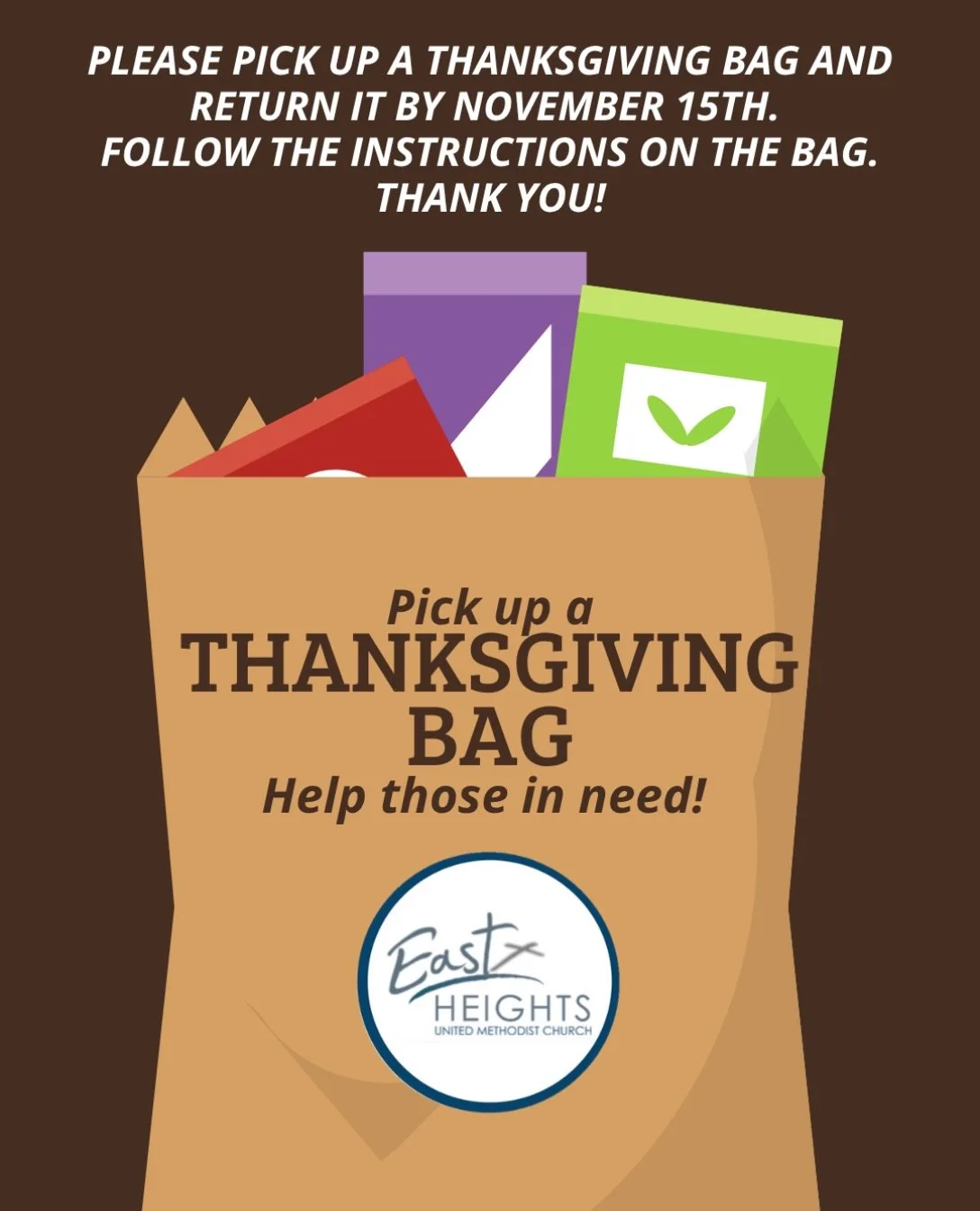 Please pick up a grocery sack from around the church and fill it with food for a meal during the Thanksgiving holiday time. The food will be given to hungry families through-out Wichita through communities such as, United Methodist Open Door and Jeff