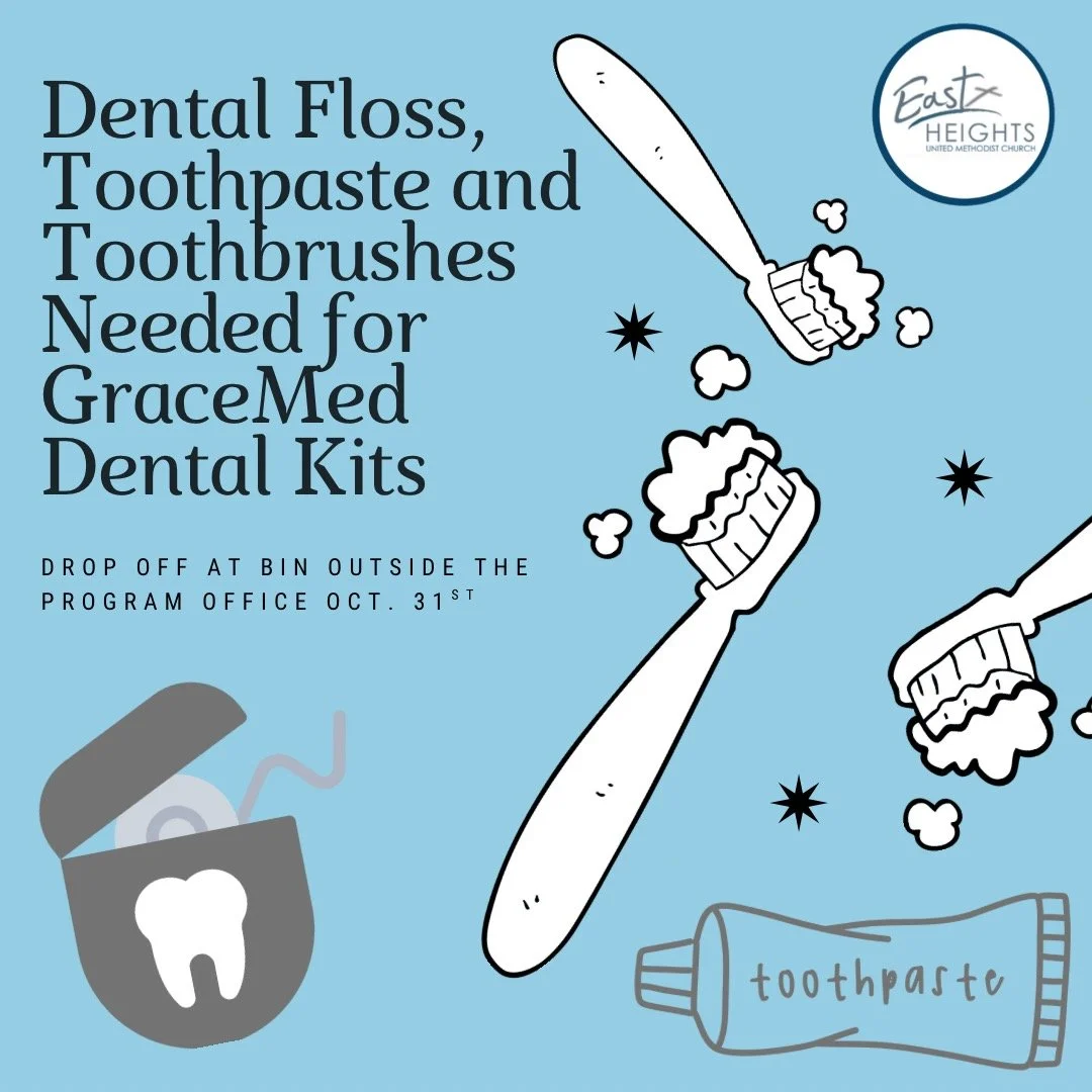 We&rsquo;re collecting toothbrushes, toothpaste, and floss October 14&ndash;31 for youth to assemble dental kits for Grace Med Dental Clinics in November. Drop donations in the collection bin outside the Program Office or by Hedrick Hall. You can als