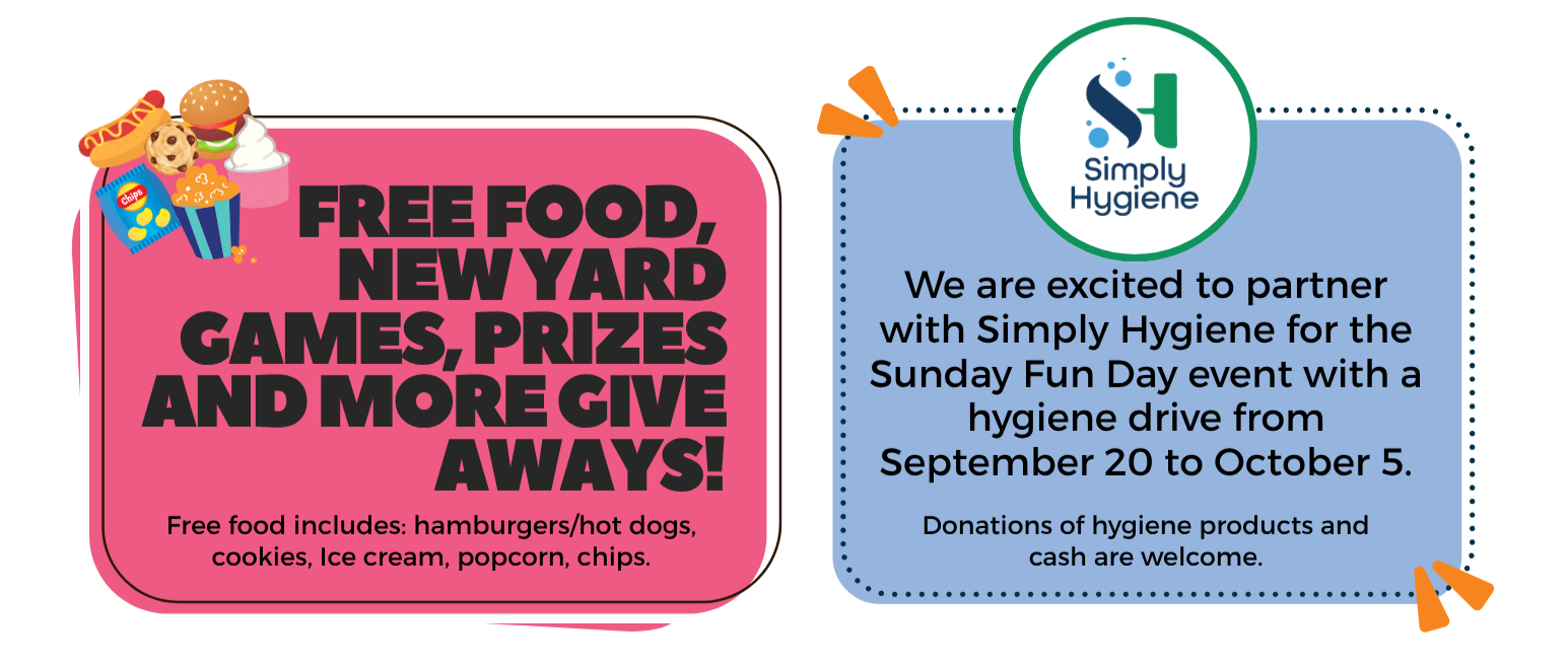 Pink poster advertising free food, new yard games, prizes, and giveaways including hamburgers, hot dogs, cookies, ice cream, popcorn, and chips, alongside a blue poster about partnering with Simply Hygiene for a hygiene drive event from September 20 to October 5, encouraging donations of hygiene products and cash.