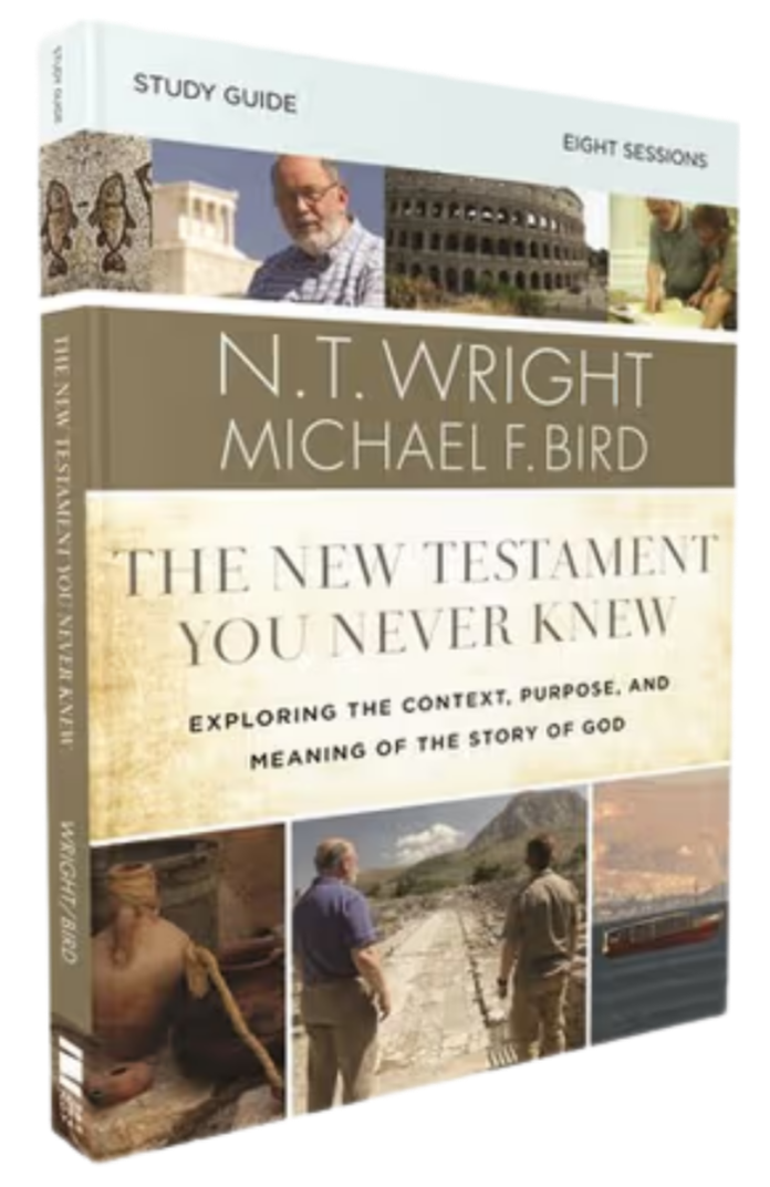 Cover of a study guide book titled 'The New Testament You Never Knew' by N. T. Wright and Michael F. Bird, featuring images of ancient and modern scenes including the Colosseum, a historical figure, and people walking outdoors.