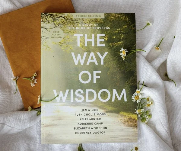 Book titled "The Way of Wisdom" by multiple authors with daisies scattered around it, on a white fabric surface with a brown leather journal nearby.