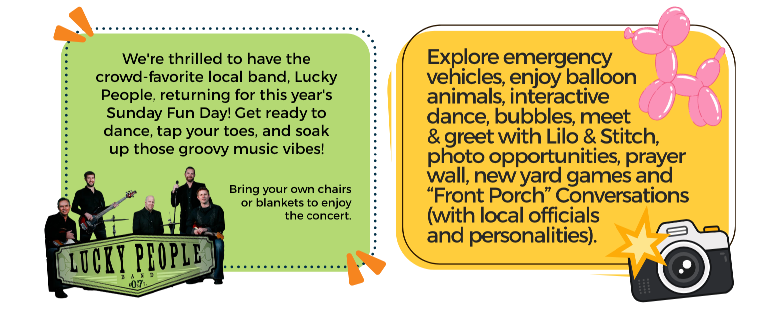 Festival flyer promoting Lucky People band and family activities, featuring a green and yellow background, images of a balloon dog, camera, and band members playing instruments.
