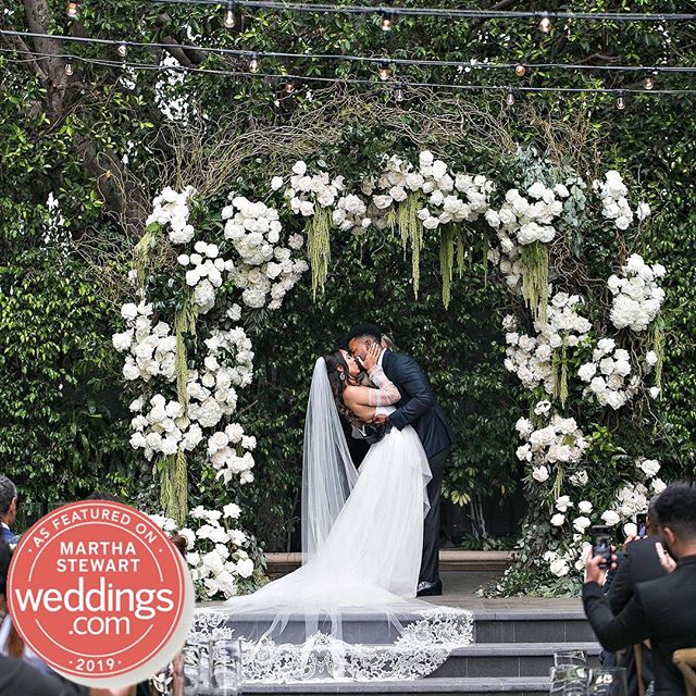 Excited to see @danifooface and @kevlank &lsquo;s wedding featured in @martha_weddings! Click the link in our bio for all the pretty details 💚🖤(Venue: @fslosangeles @fslosangelesevents |Design/Planning: @internationaleventco @margot_iec | Floral De