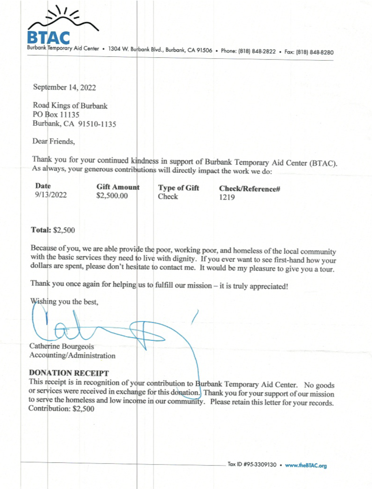 Burbank Temporary Aid-Thank you Letter