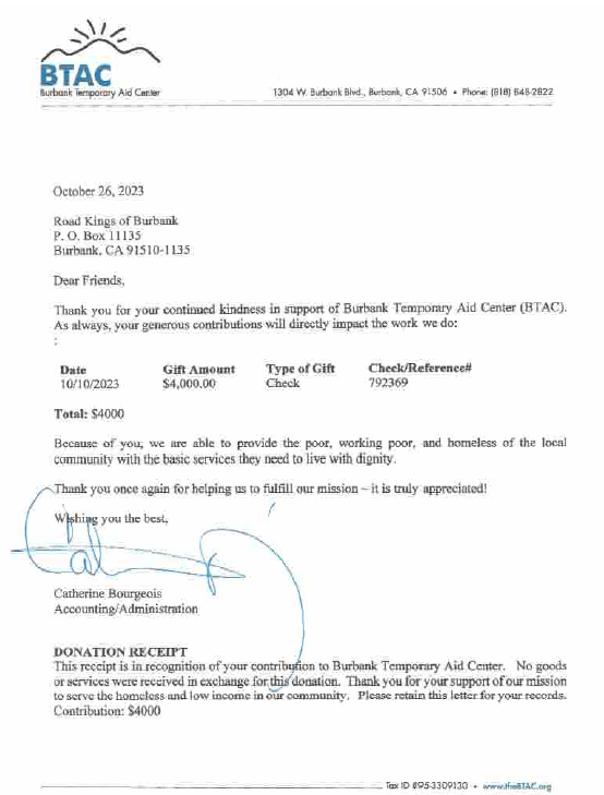 Thank You Letter From Burbank Temporary Aid