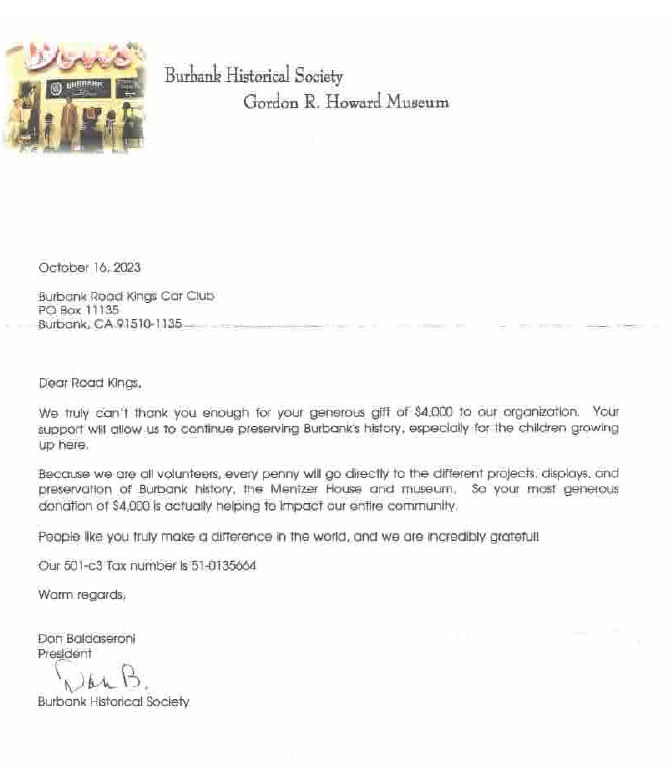 Thank You Letter From Burbank Historical Society