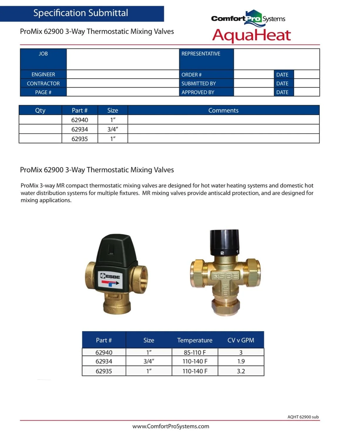 Aquaheat 3-way thermostatic mixing valve submittal