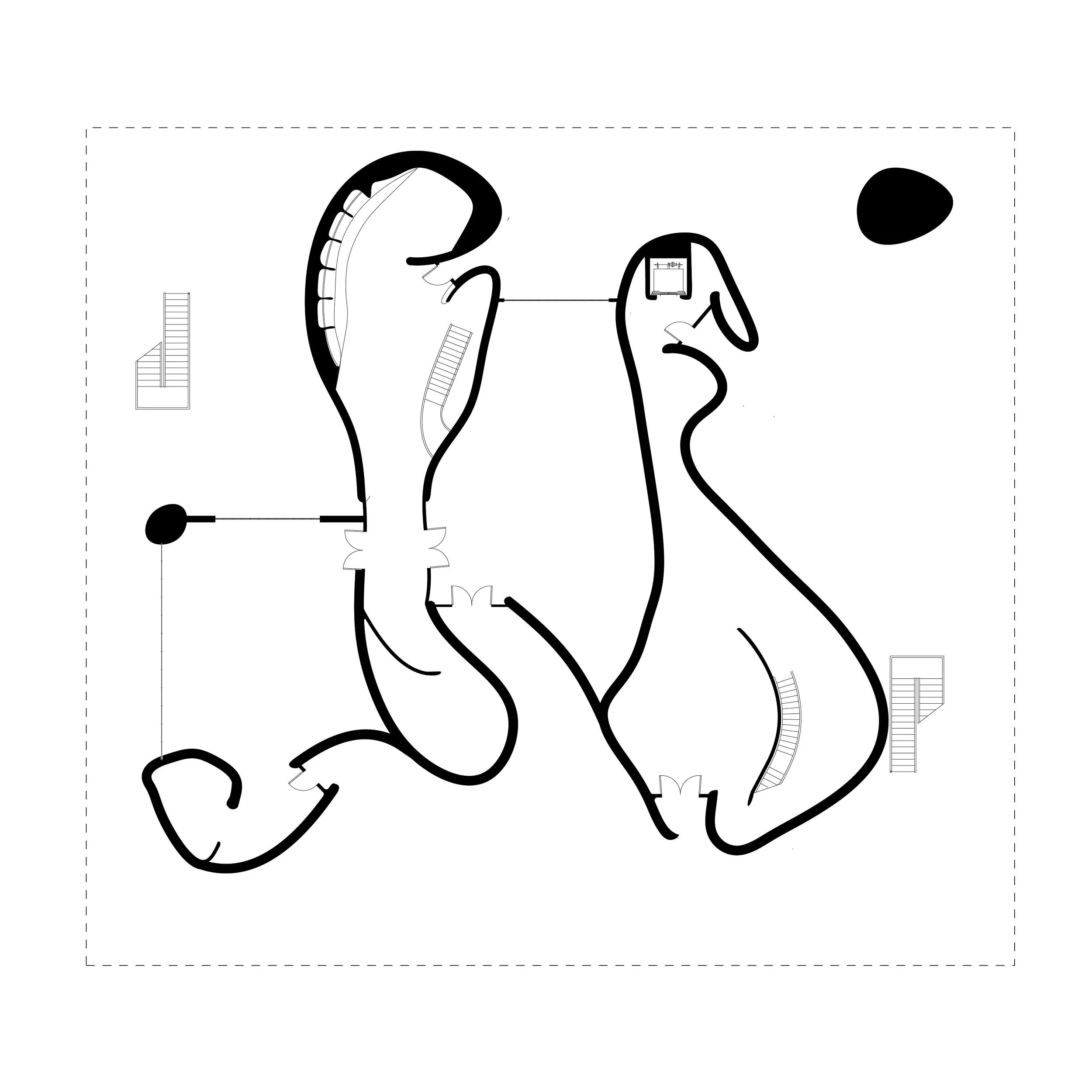  The ground floor plan is derived from the pulling of the upper level vessels. Some of these vessels may touch the ground and some may not instead drooping slightly above the head of the user. The primary challenge was to find a good location to fit 
