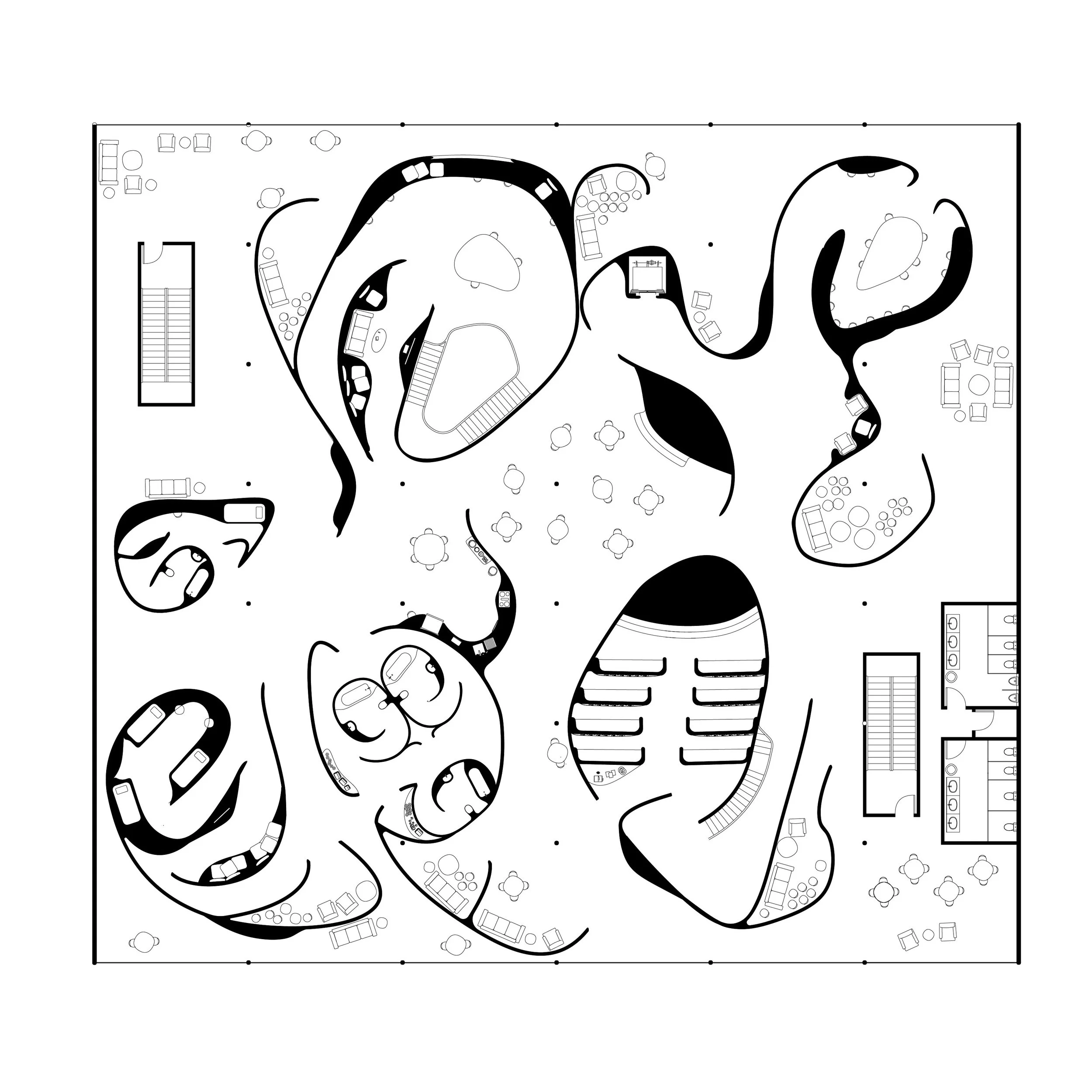  The main level although seeming overwhelming is actually simple in concept. The vessels provide surfaces in which simple furniture and appliances can take place.&nbsp; The pulling and stripping of the vessels create rhythm through the space where bo