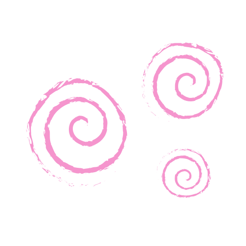 Three pink spiral doodles on a black background.