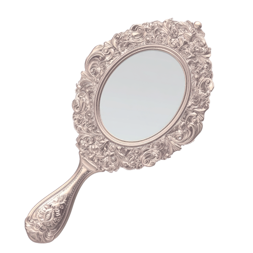 Ornate handheld mirror with a decorative floral border and a oval reflective surface.