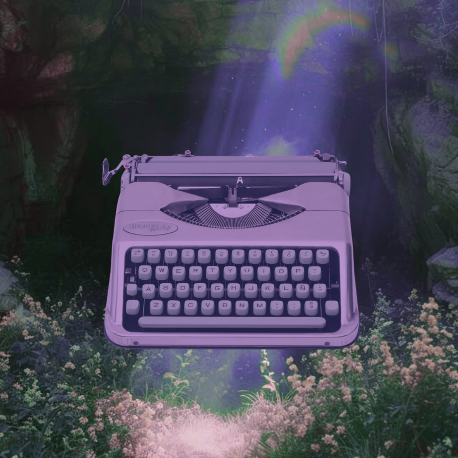 A vintage typewriter floating in a mystical, glowing forest with purple and green lighting.