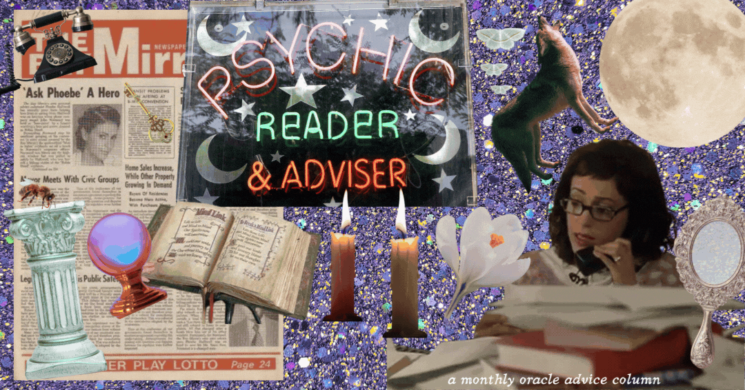 Collage featuring a neon sign reading 'Psychic Reader & Adviser,' a vintage telephone, newspapers, an open book, a crystal ball, candles, a flower, a woman talking on the phone, a large moon, a small dog jumping, butterflies, and a decorative mirror, all set against a purple glittery background.