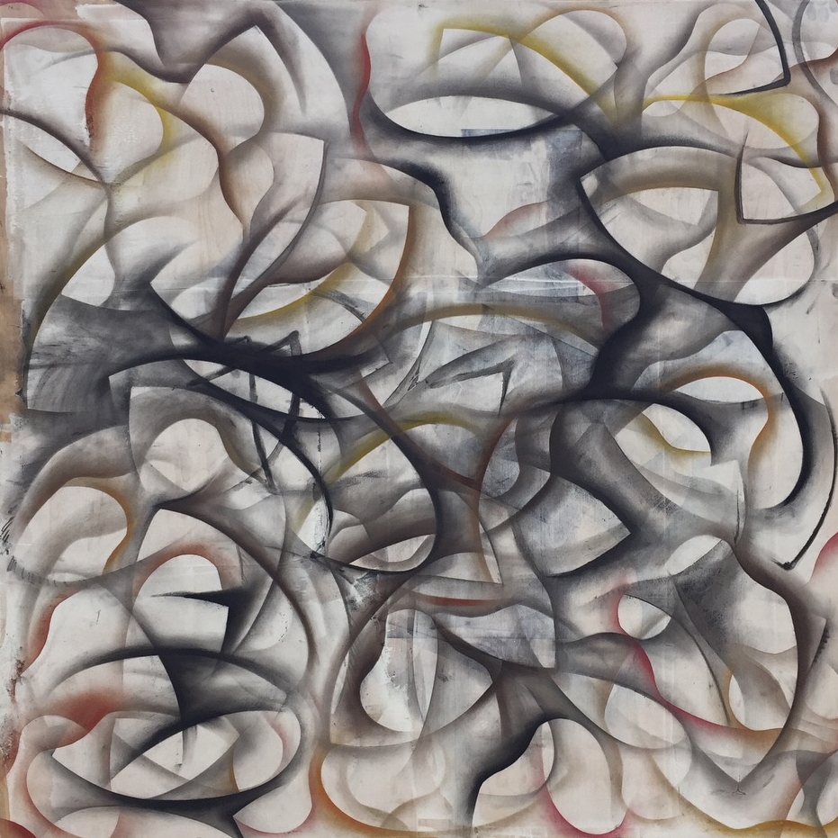  Cinder, 2017  4 x 4'. Charcoal, pastel, oil paint, latex paint,&nbsp;and ink on partially gessoed wooden panel.&nbsp; 