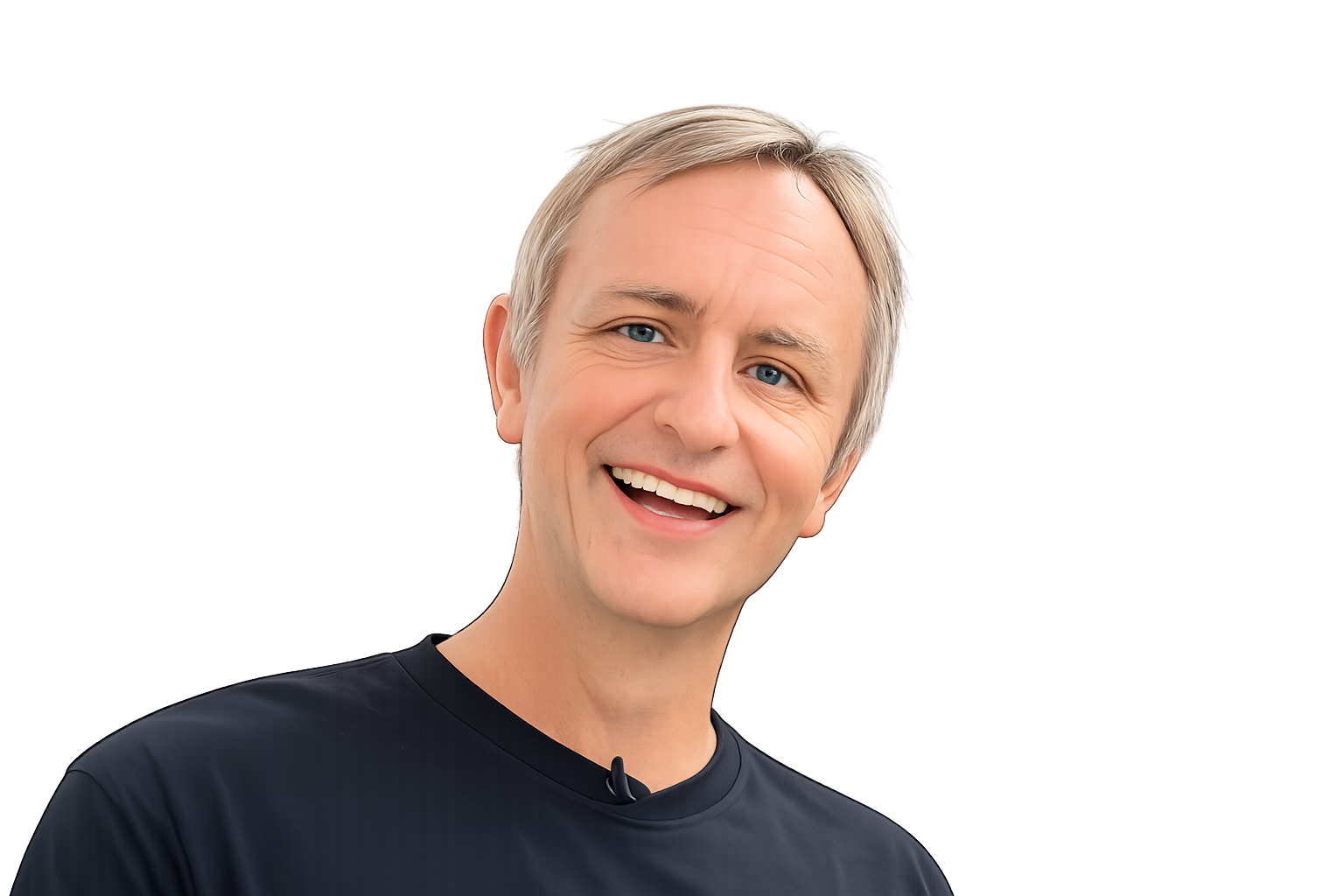 Smiling man with gray hair and blue eyes, wearing a black shirt, in front of a dark background with colorful streaks.