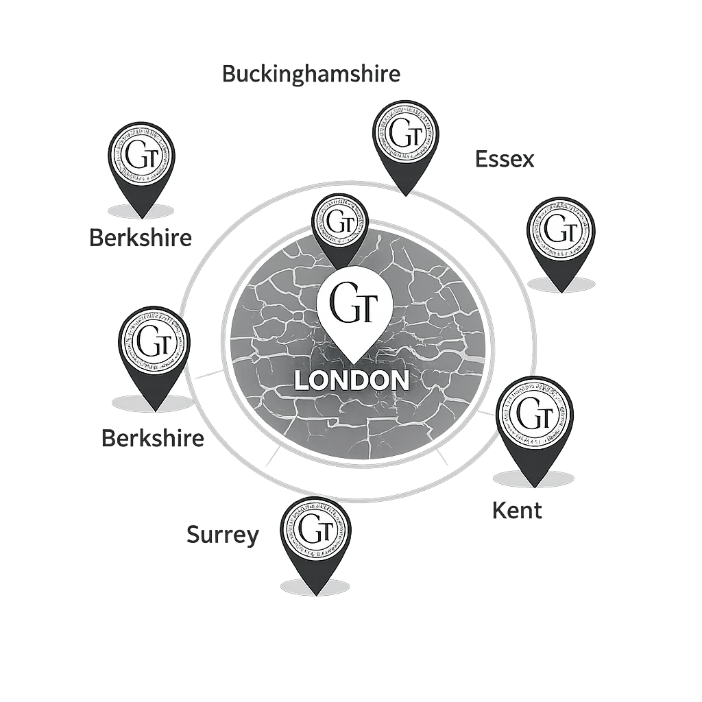 Map of Greater London and surrounding counties, including Berkshire, Surrey, Kent, Essex, with central London highlighted.