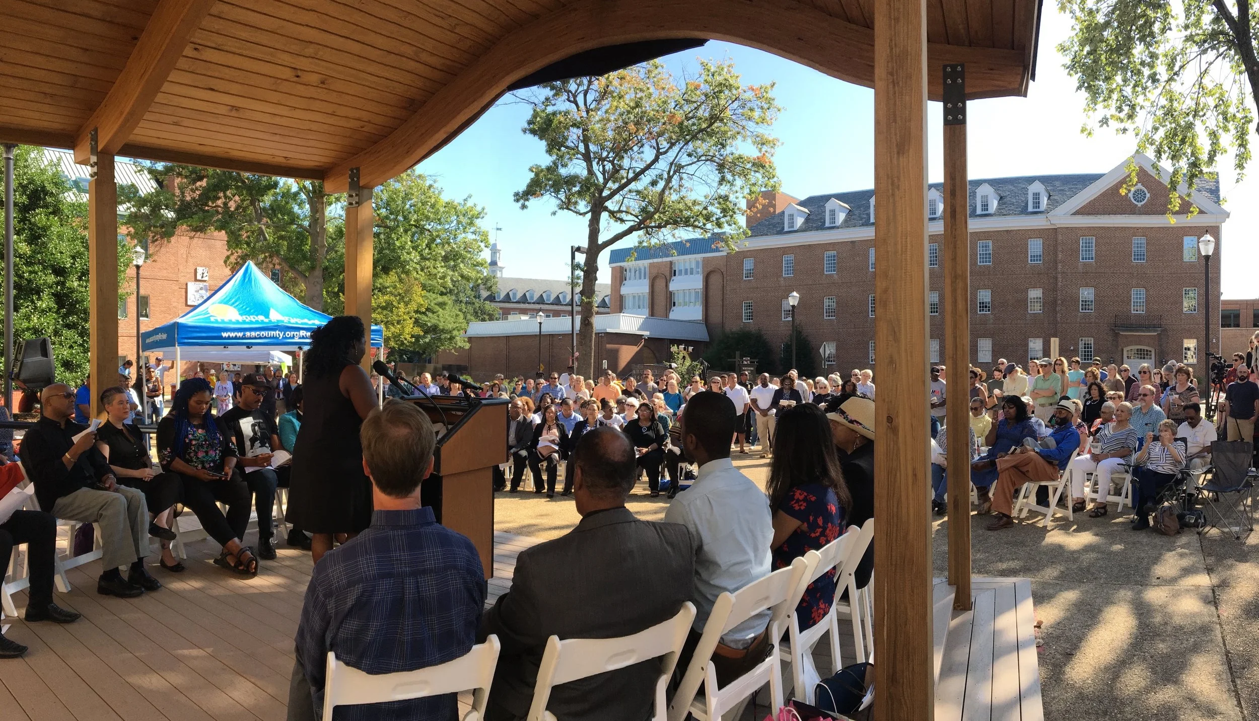 on September 7, 2019 Connecting the Dots: Anne arundel county co-chair monica lindsey addressed the crowd gathered for the dedication of eji historical marker commemorating five known terror lynchings in the county.
