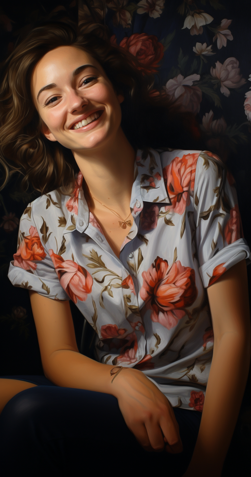 mimigreen_a_woman_with_floral_shirts_sitting_and_smiling_in_the_fe0a30d9-fbc2-4f27-abe0-d8bd9be43e1a.png