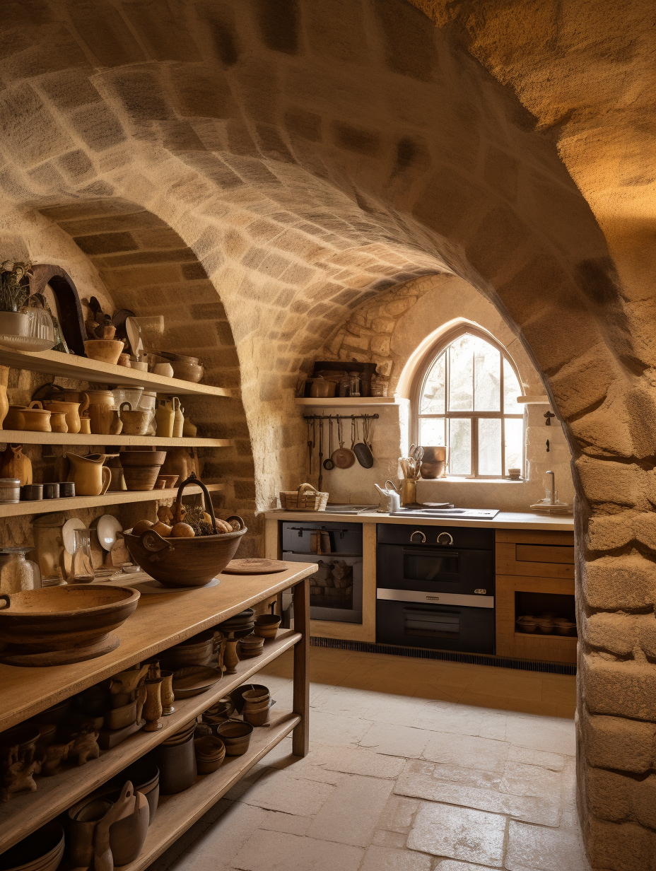 mimigreen_a_stone_kitchen_with_an_open_shelf_to_the_ceiling_in__8e54e08f-c032-409f-9b29-289d2787369a.png