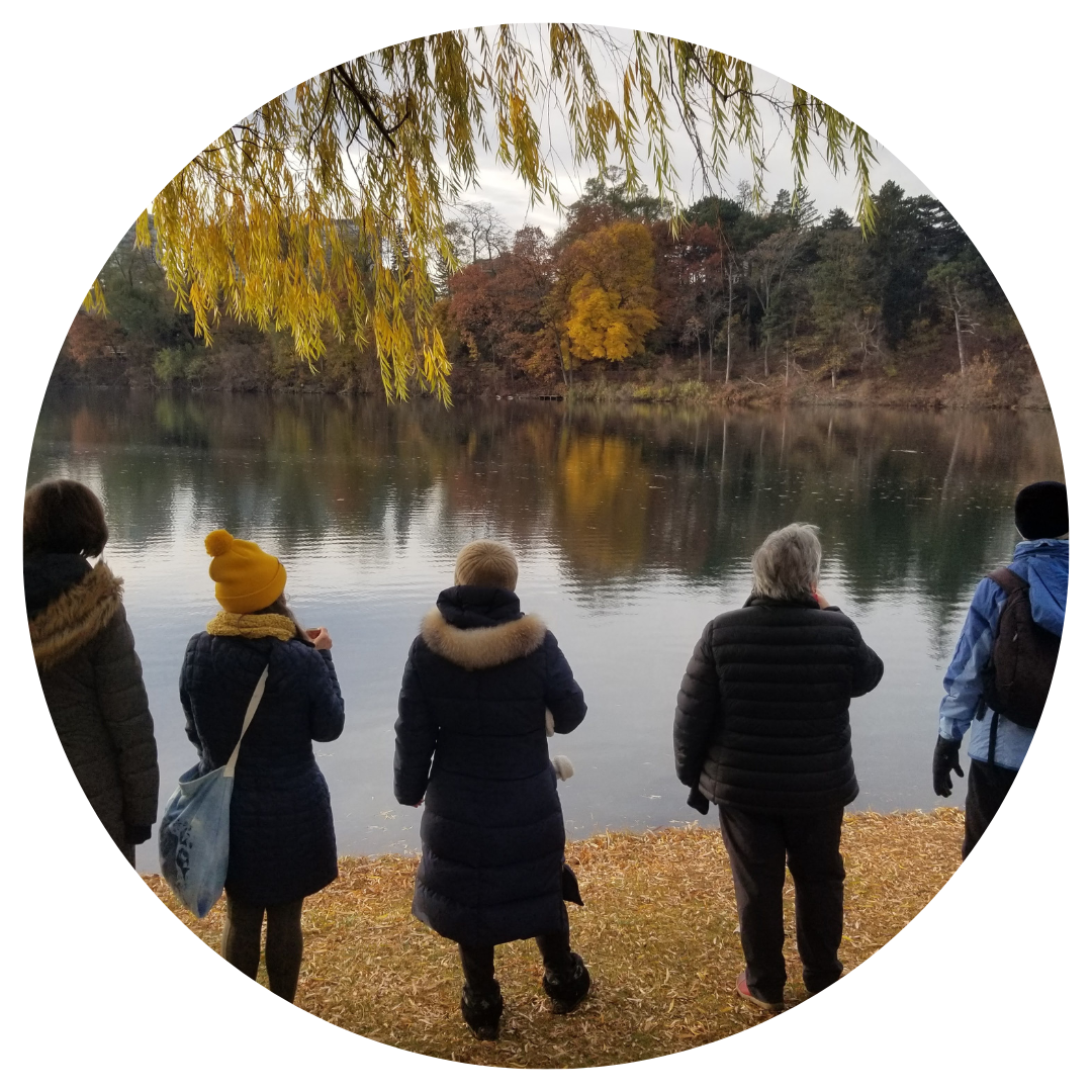 A small group of people stand quietly at the edge of Grenadier Pond in High Park on an autumn morning, reflecting and sharing a moment of stillness during a forest bathing session.