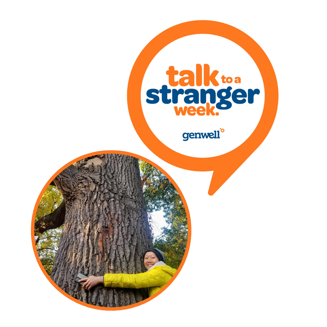 Talk to a Stranger Week and GenWell logo paired with a Forest Bathing Studio participant hugging an oak tree in High Park — celebrating connection and community through nature.