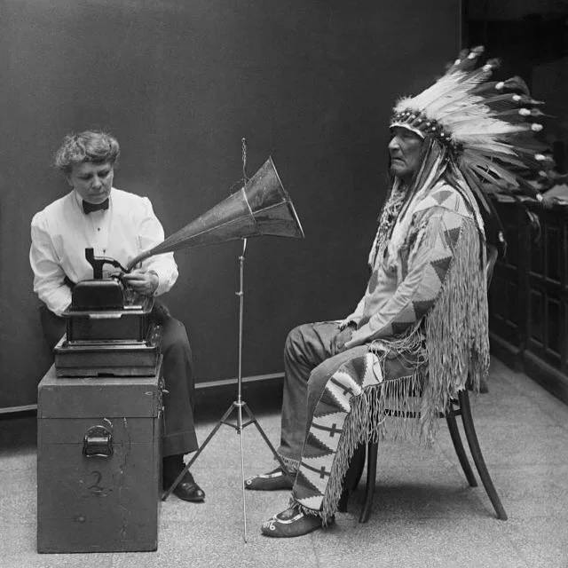 mountain chief of piegan blackfeet making phonographic record at smithsonian (feb 1916)