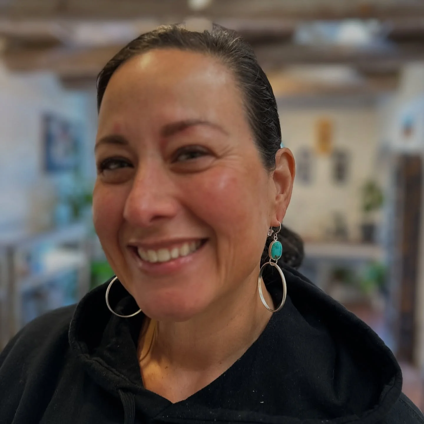 Kristina and her new Nicholas Jackson turquoise hoop earrings 🤩 Thanks so much for shopping local and supporting our small business 🙏🏾