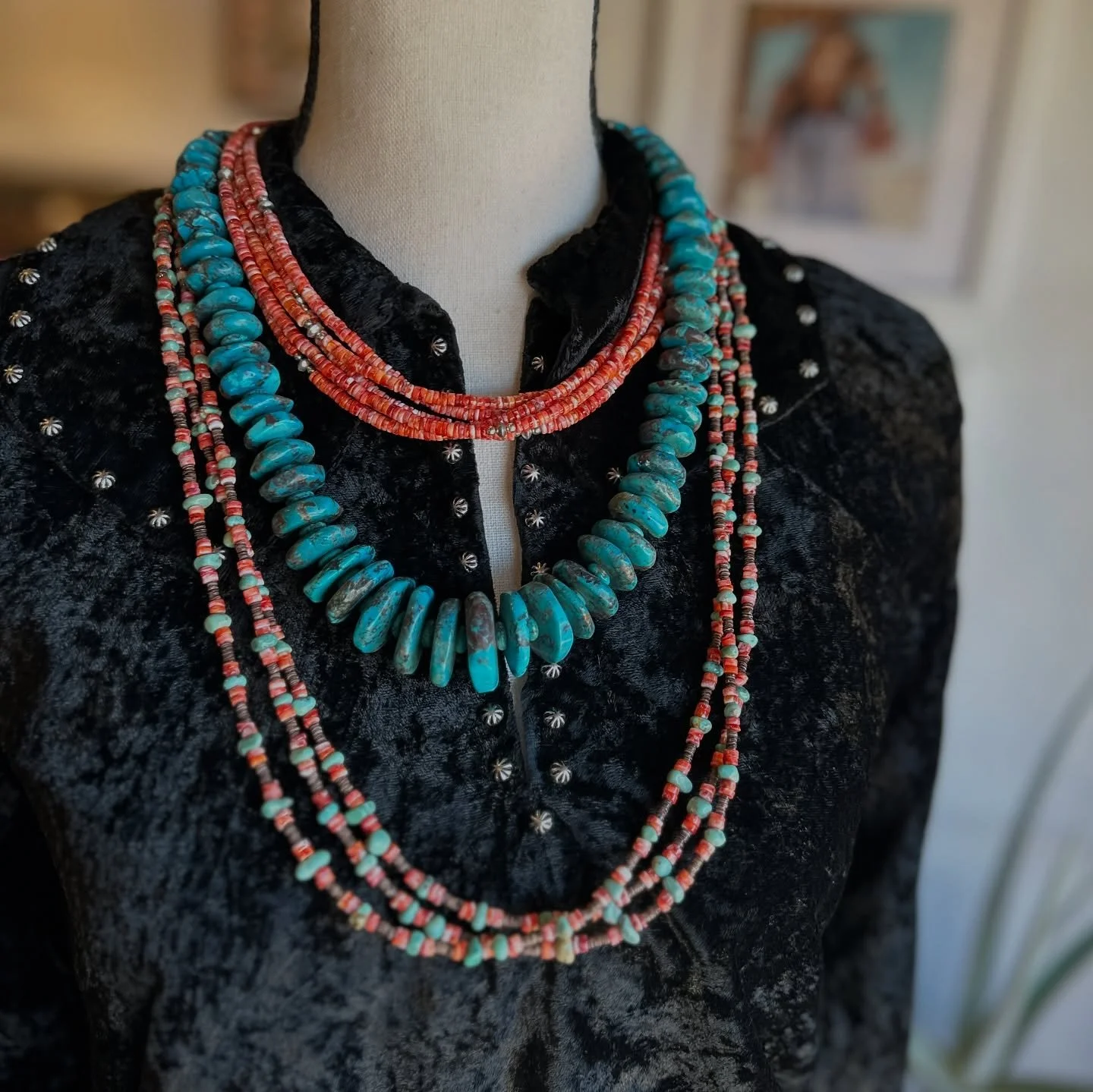 TURQUOISE + SPINEY OYSTER SHELL necklaces available @the_silver_artichoke ✨ we&rsquo;re OPEN Friday &amp; Saturday 11 to 5 🎄 and Sunday 11 to 4 🎅🏽 404 San Felipe NW &bull; old  town Albuquerque ⛄️ let us know and we can also meet by appointment ✨
