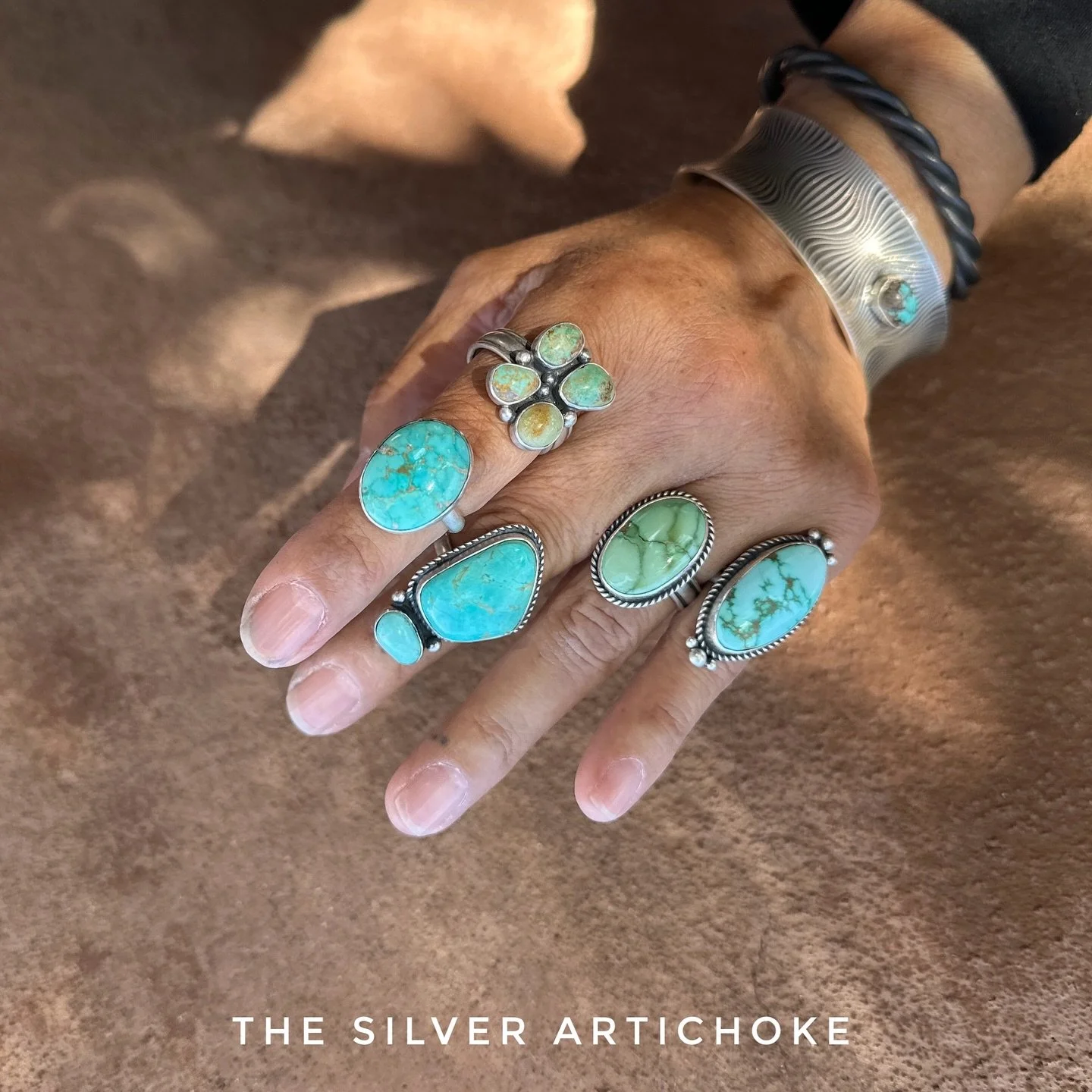 ➕ ➕ TU R Q U O I S E ➕ ➕

Available online and in-store &bull; www.theSilverArtichoke.com

&bull; Pinky: size 7
&bull; Ring finger: size 9.75
&bull; Middle: size 7.5
&bull; Index top: size 7.5
&bull; Index bottom: size 12

#thesilverartichoke #nichol