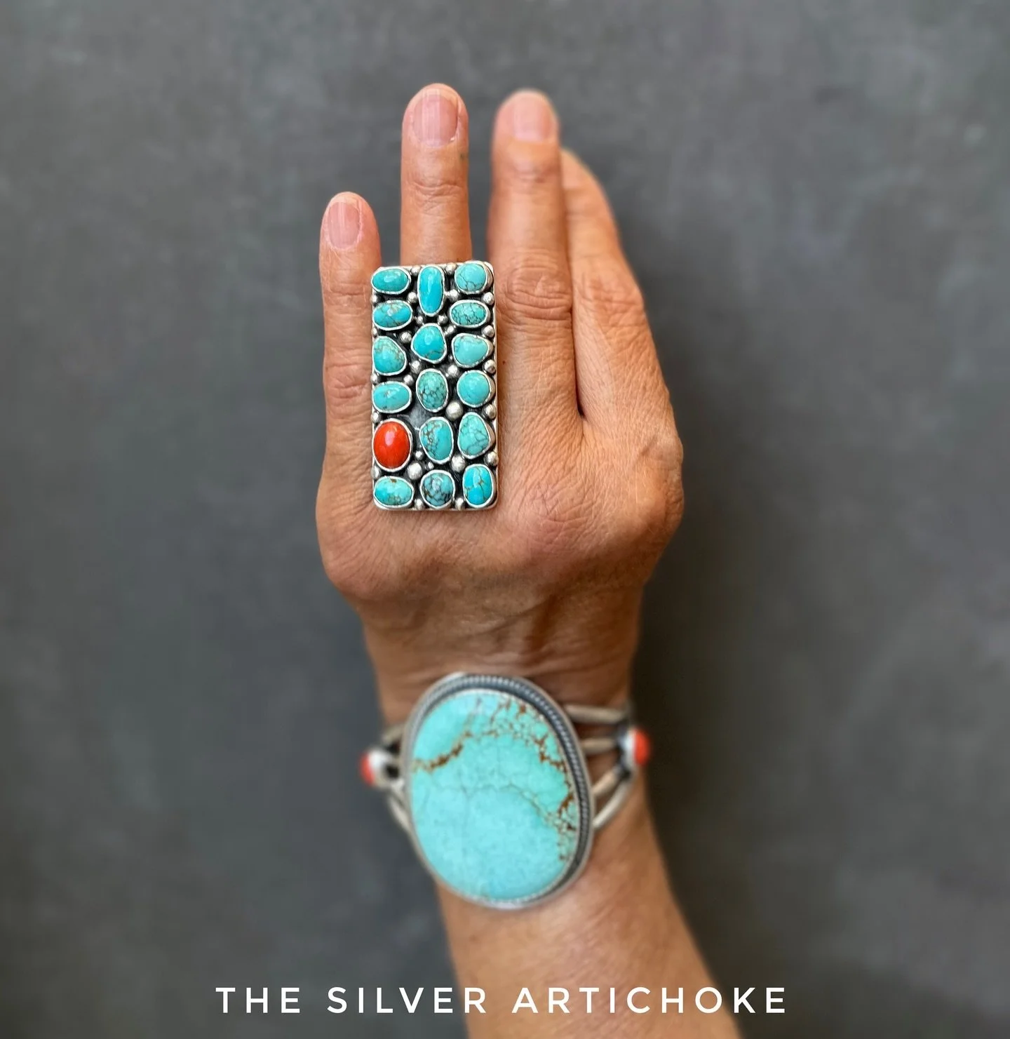 Number Eight turquoise &amp; Mediterranean coral adjustable ring &bull; available @the_silver_artichoke or message me if you need this! 

The Silver Artichoke 
404 San Felipe NW &bull; old town Albuquerque 
OPEN Friday &amp; Saturday 11 - 5 &bull; Su