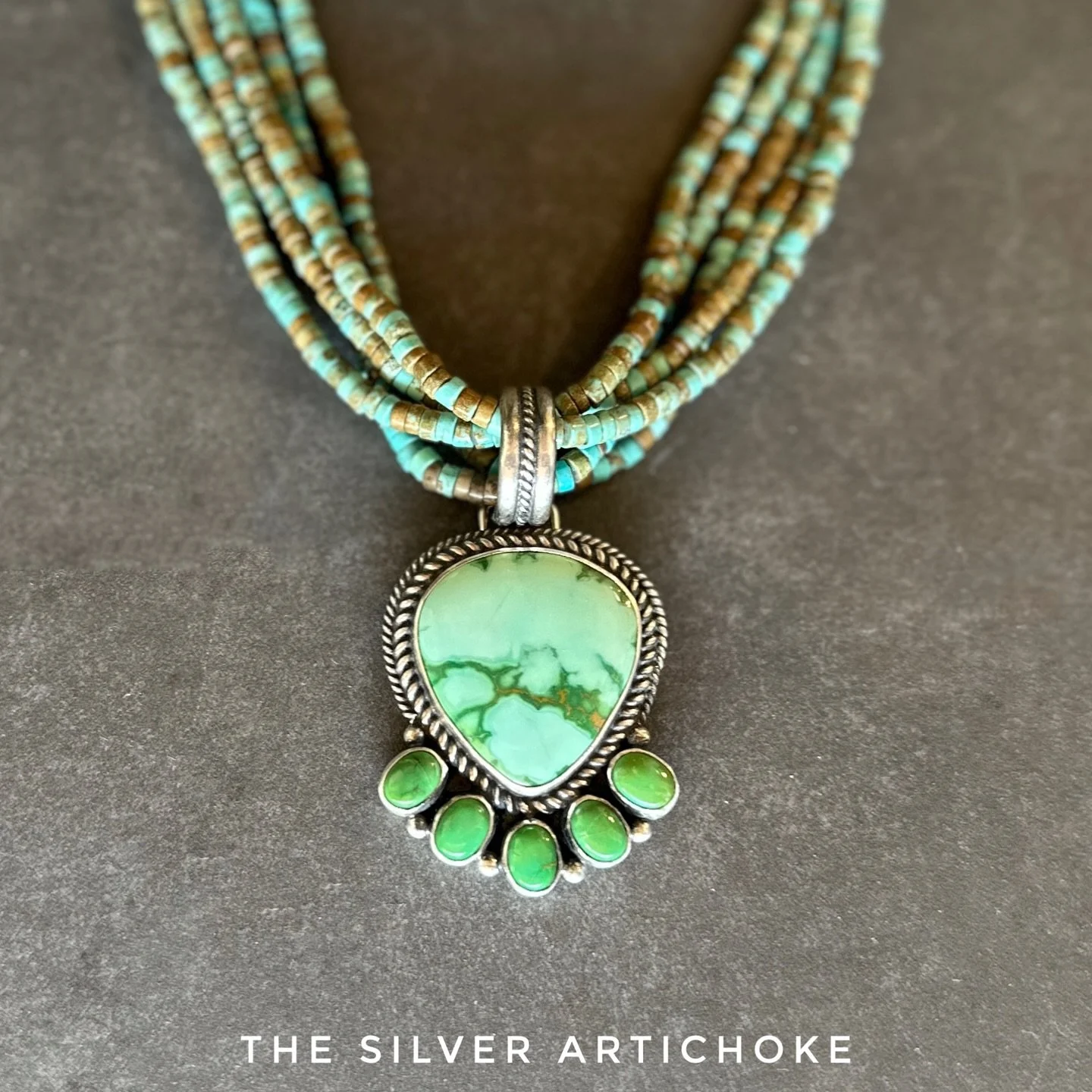 Emerald Valley &amp; Sonoran Gold turquoise pendant paired with multi strand @sparks_pottery turquoise necklace. 
Available @the_silver_artichoke in old town Albuquerque.
OPEN Friday &amp; Saturday 11 to 5 &bull; Sunday 11 to 4

Ahee&rsquo;hee 🙏🏾 T