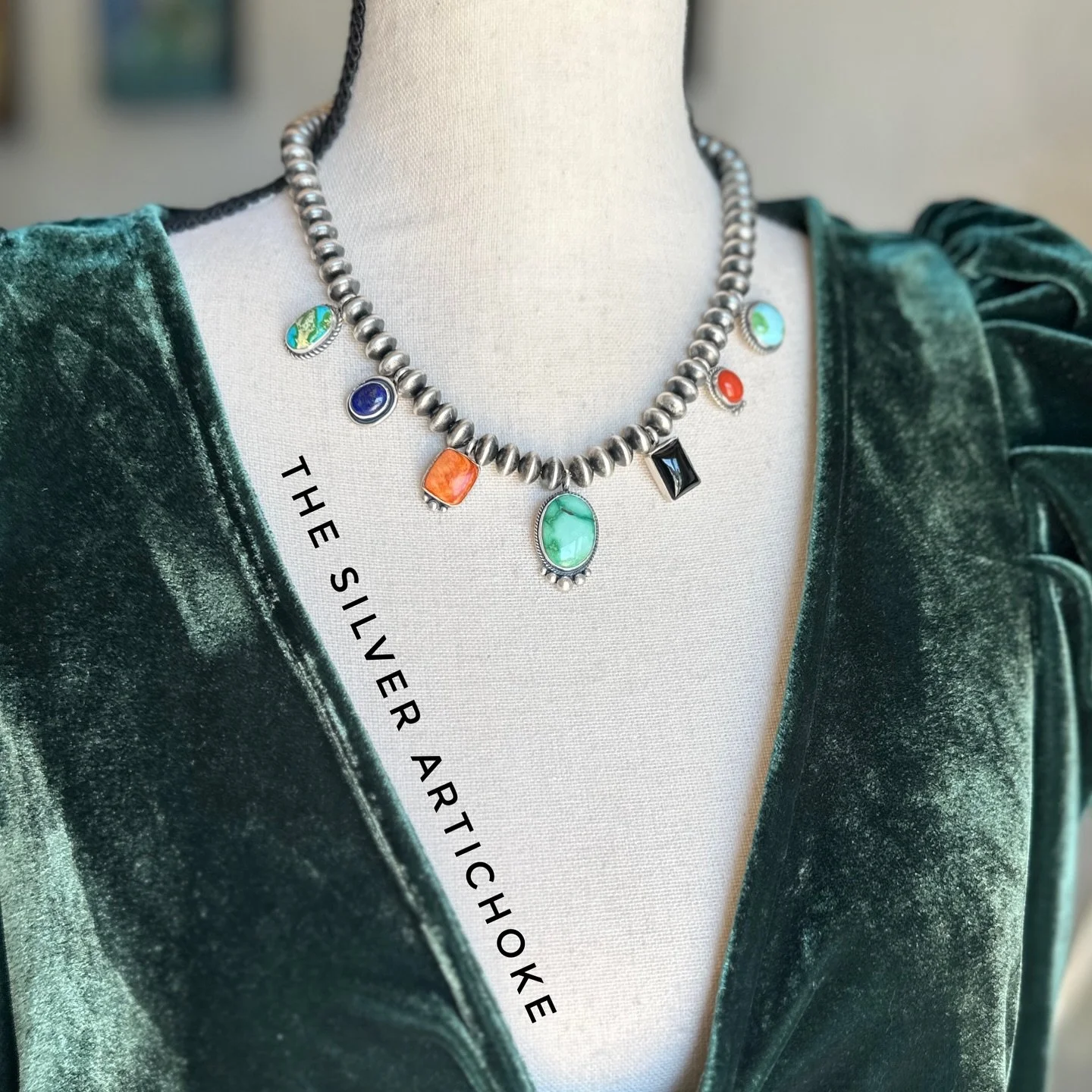 Summer hours at The Silver Artichoke 
OPEN Friday &amp; Saturday 10am - 6pm 
Sunday 11am - 5pm
Other days by appointment only

18&rdquo; rondelle Navajo pearls necklace embellished with Golden Hills turquoise, lapis lazuli, Mediterranean coral, onyx 