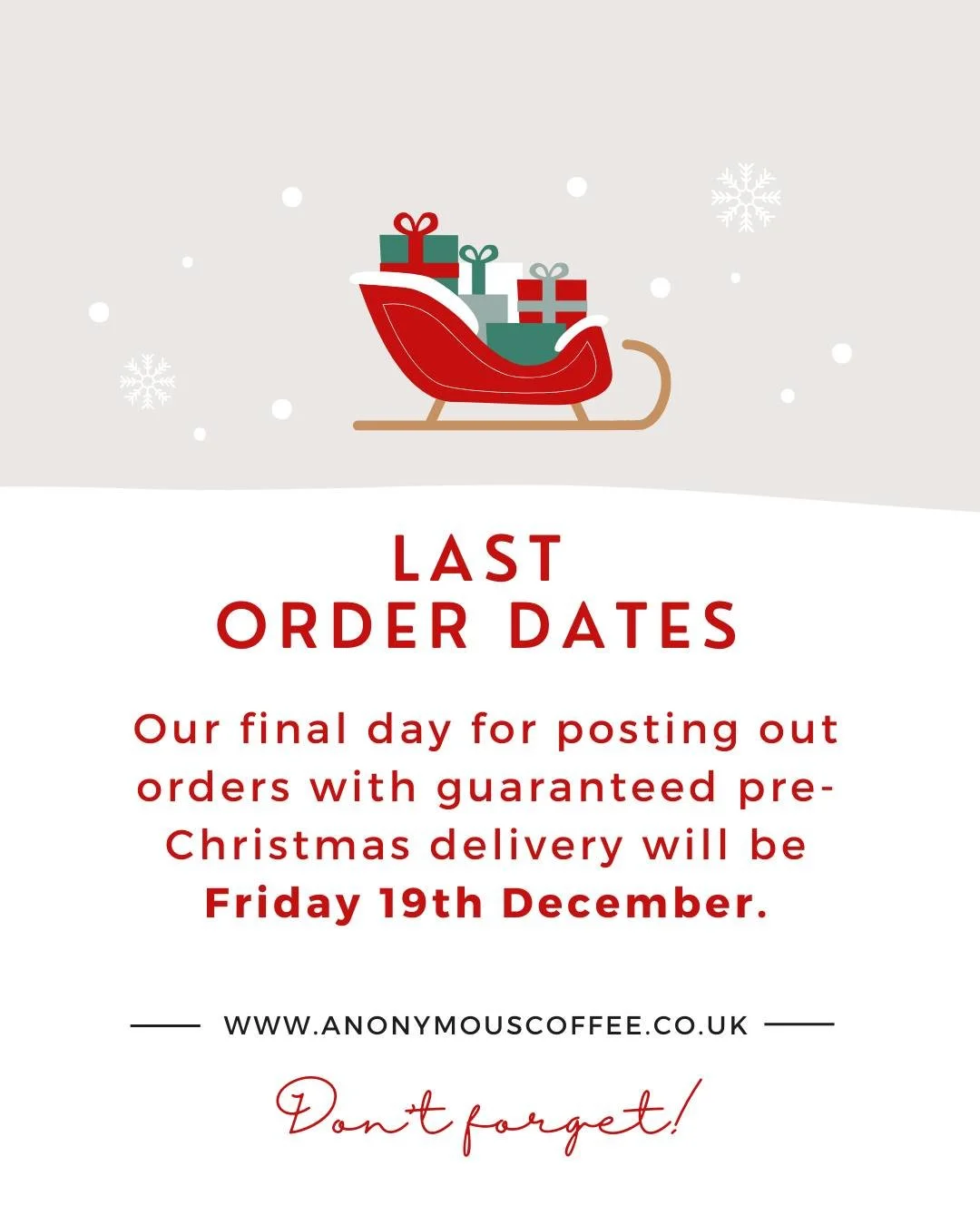 🎄☕️ Last Orders for Christmas Coffee! 🎄☕️

Don&rsquo;t miss out on freshly roasted, specialty coffee to make your Christmas mornings extra special! 

Our final day for posting out orders with guaranteed pre-Christmas delivery will be Friday, 19th D
