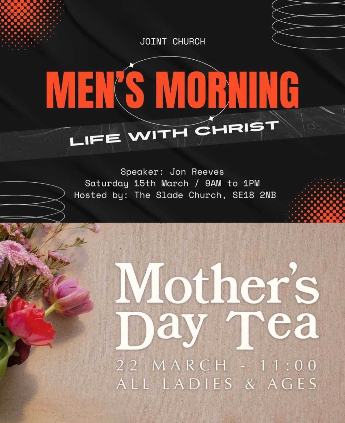 It&rsquo;s that time again for our Men&rsquo;s and Women&rsquo;s events! 

Our men will be heading over to a joint event at The Slade Church this coming Saturday. 

Ladies still have 3 days left to sign up to this year&rsquo;s Mother&rsquo;s Day tea!