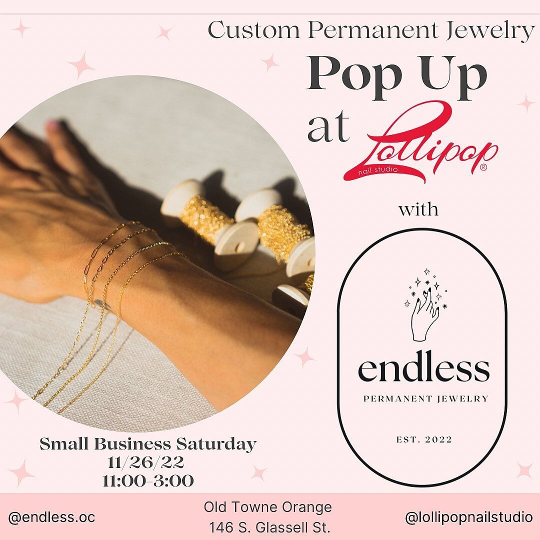 We are excited to share that we will be hosting a Permanent Jewelry Pop Up with @endless.oc to celebrate Small Business Saturday! ✨

When: Saturday, 11/26 from 11am-3pm
Where: Old Town Orange location 📍146 S Glassell St, Orange, CA

Stop by and get 