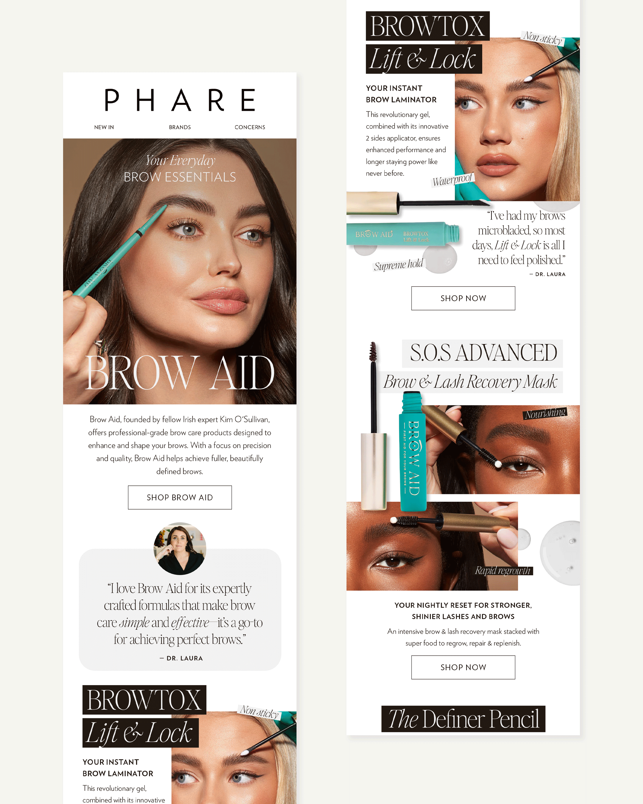 Phare skincare brand focus brow aid campaign email design by Lorna Ami Studio