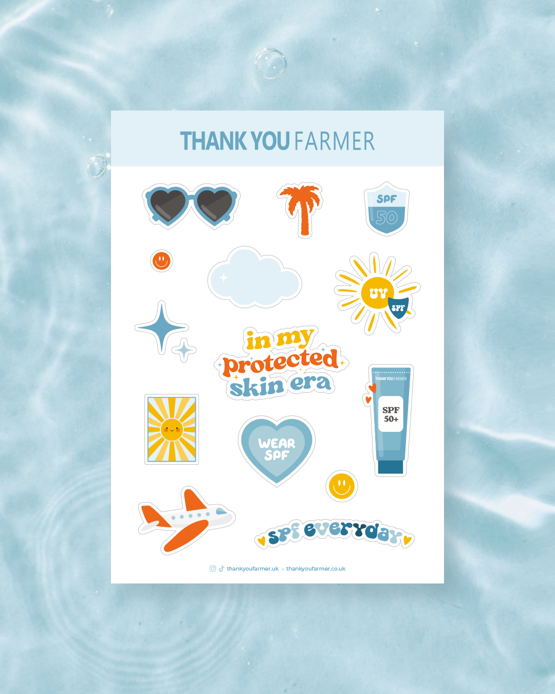 Thank You Farmer illustrated sticker sheet designs featuring SPF and summer themed graphics by Lorna Ami Studio
