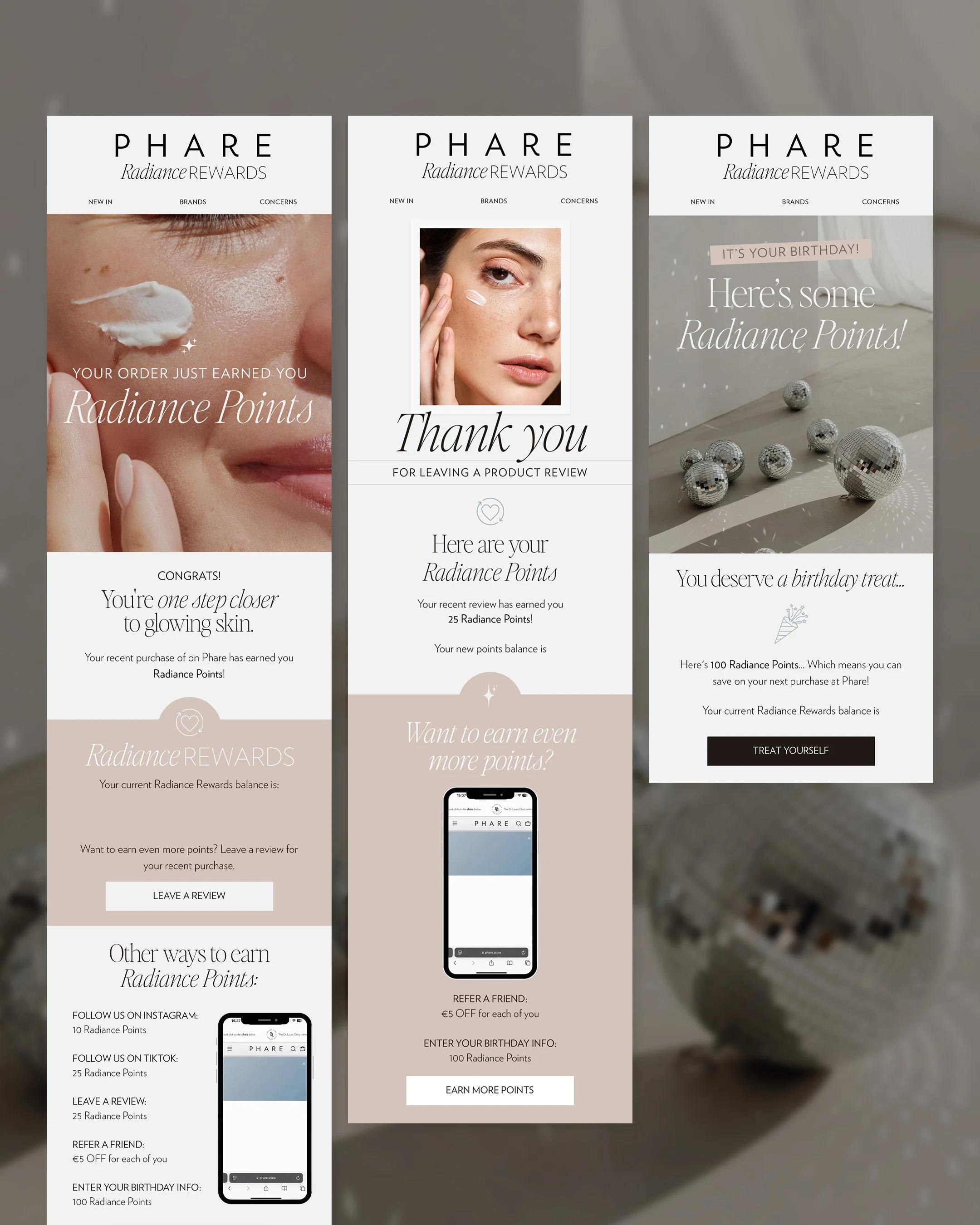Phare skincare loyalty rewards email flow design by Lorna Ami Studio