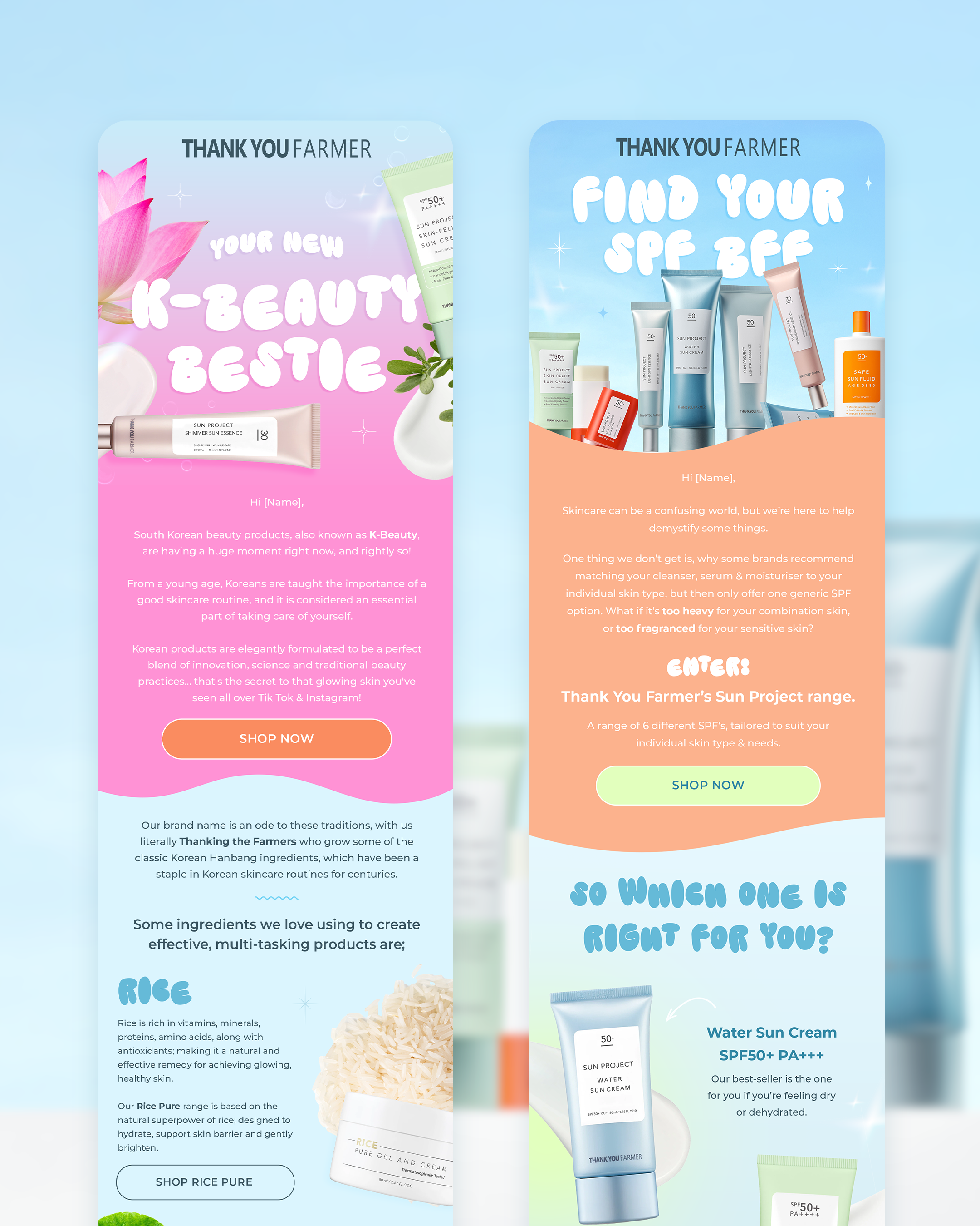 Thank You Farmer K-beauty welcome email designs featuring Find Your SPF BFF campaign graphics by Lorna Ami Studio