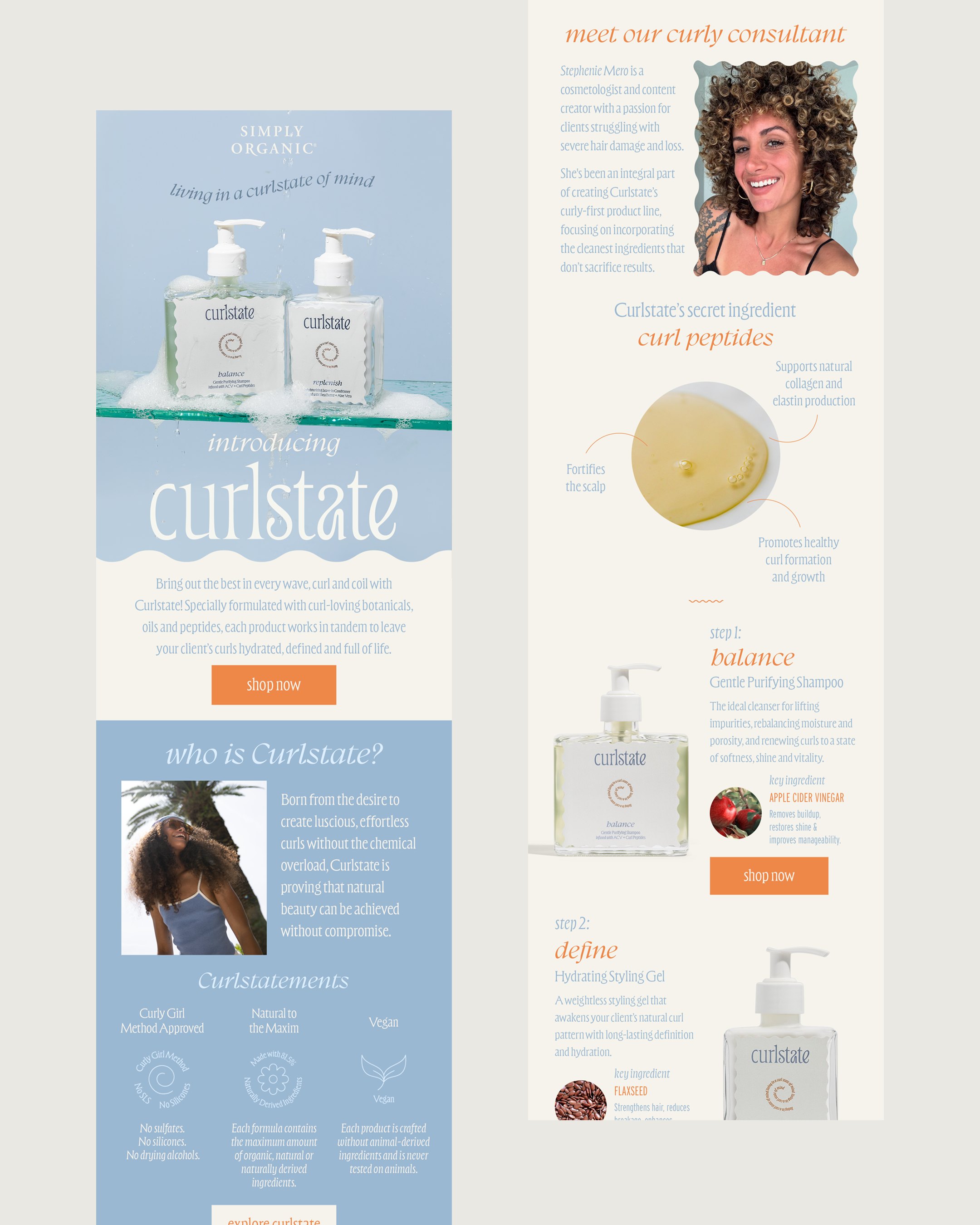 Clean curl care brand email marketing design for Curlstate