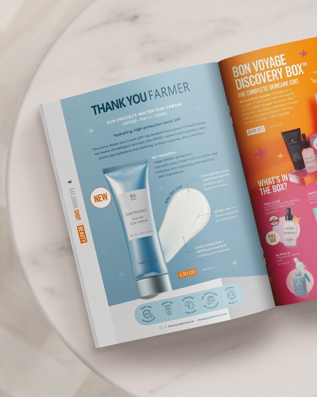 Thank You Farmer full page A4 magazine advertisement designed for EasyJet by Lorna Ami Studio featuring K-beauty skincare products and brand illustrations