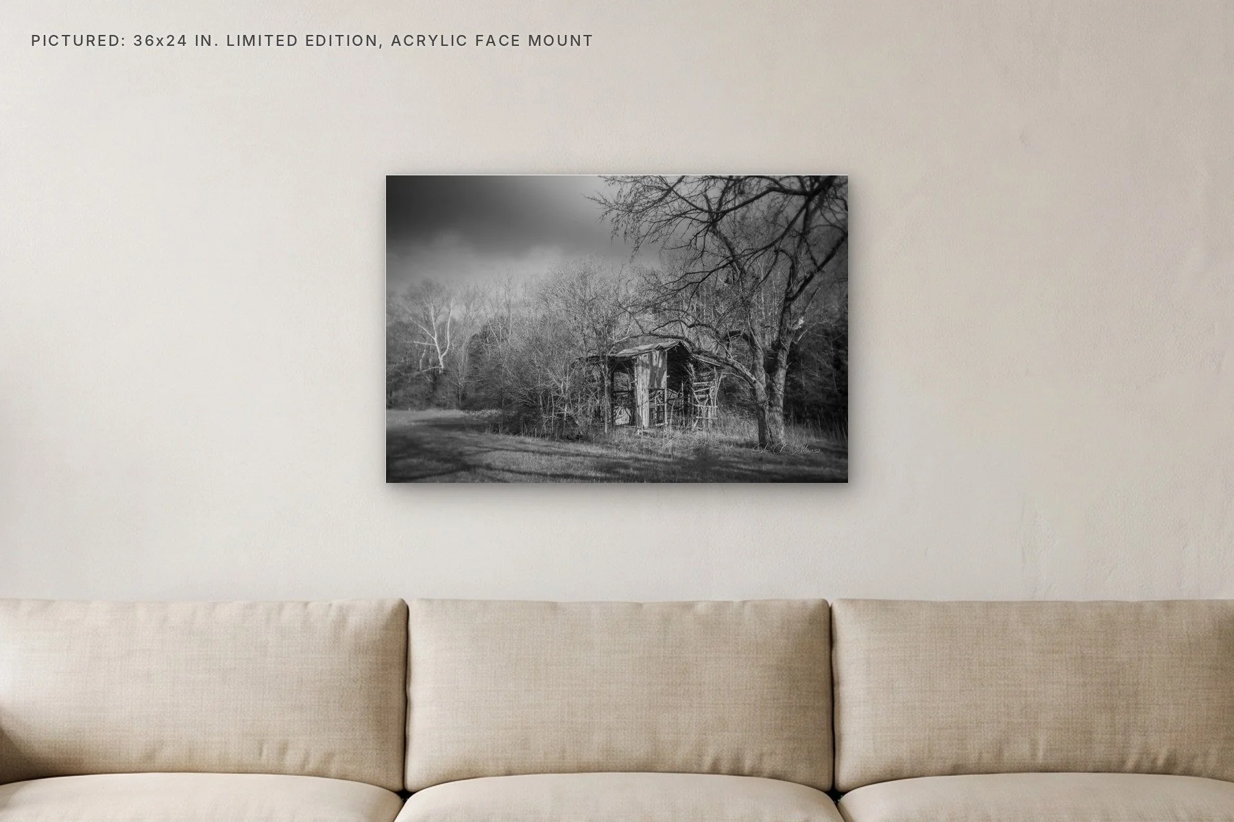 Little Marrowbone Old Barn - 36x24 acrylic face mount in a living room.jpg