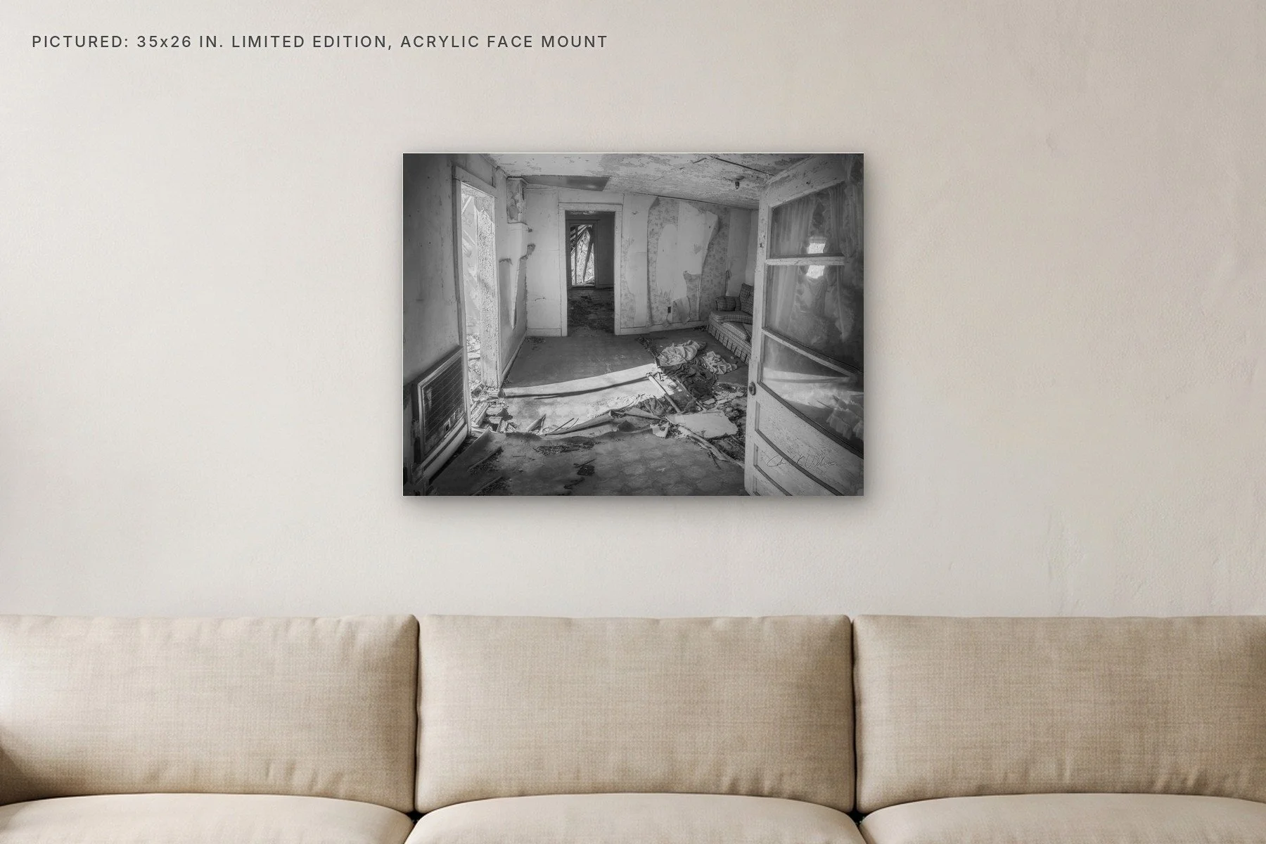 Bowker Road Interior Open Doors - 35x26 acrylic face mount in a living room.jpg