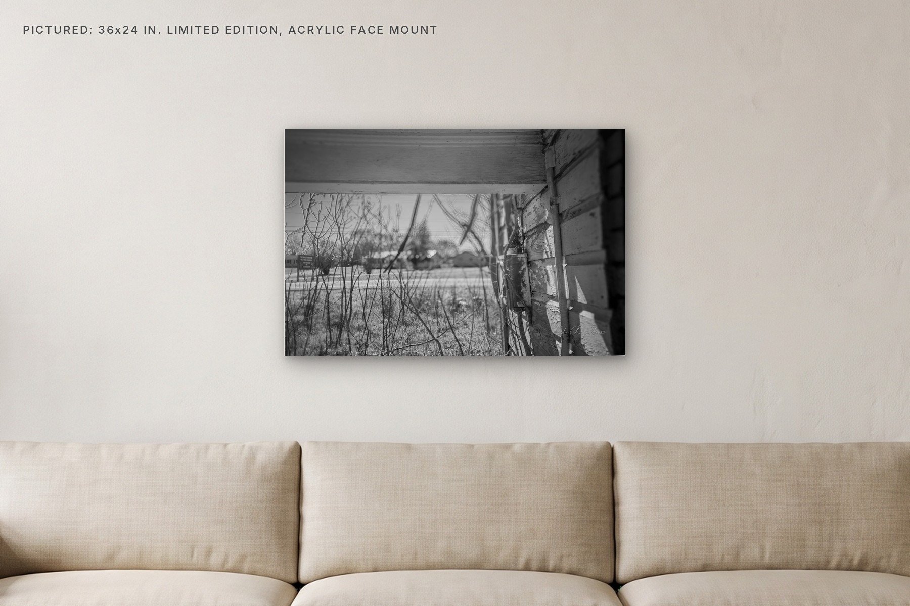 Bowker Road Doorway View - 36x24 acrylic face mount in a living room.jpg